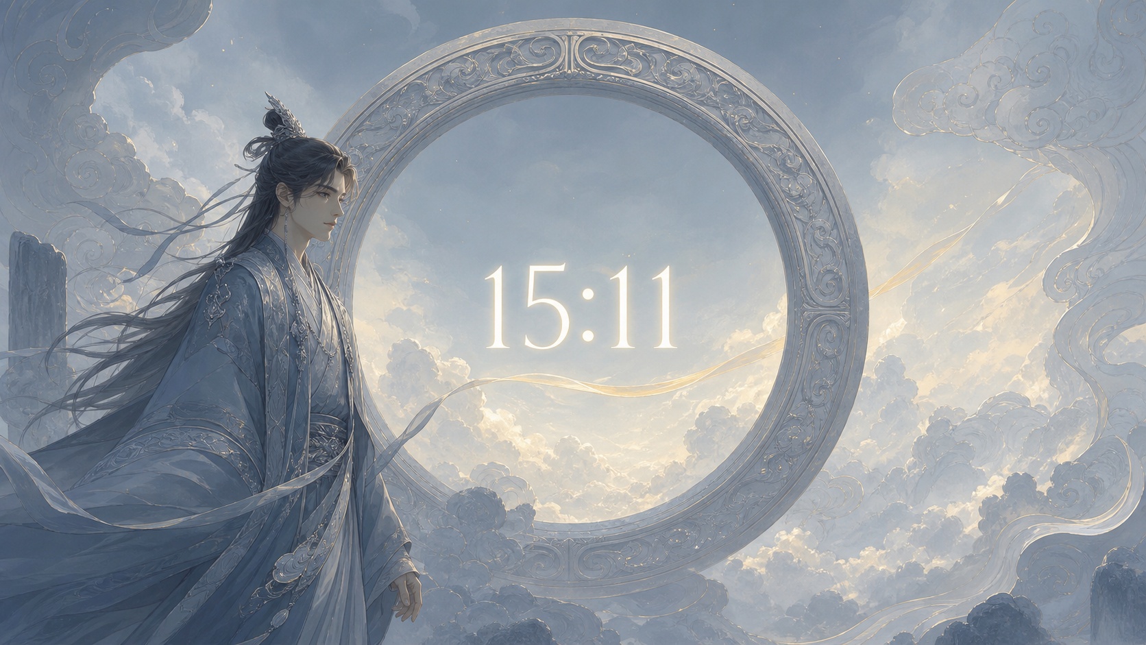 homme asiatique devant un anneau en pierre grise avec 15:11 en argent lunaire et un ciel d'après-midi bleu-gris doré, signification de l'heure 15:11