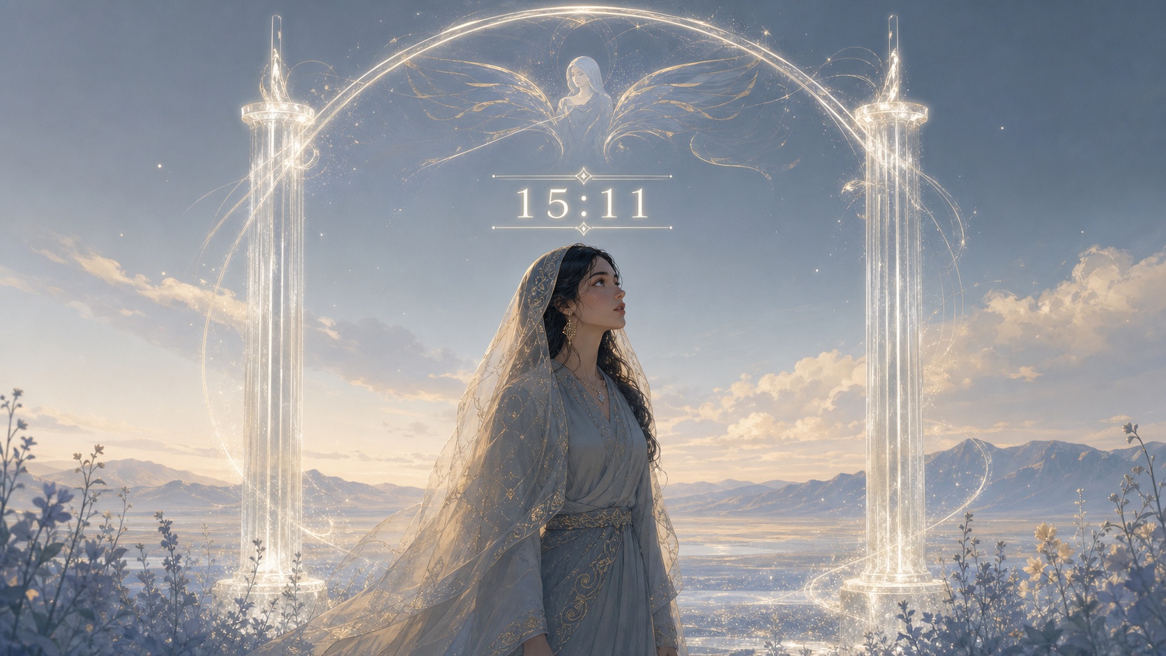 personnage moyen-oriental entre deux piliers de lumière argent lunaire évoquant le 11 avec Ariel dans l'arc, symbolique de l'heure 15:11