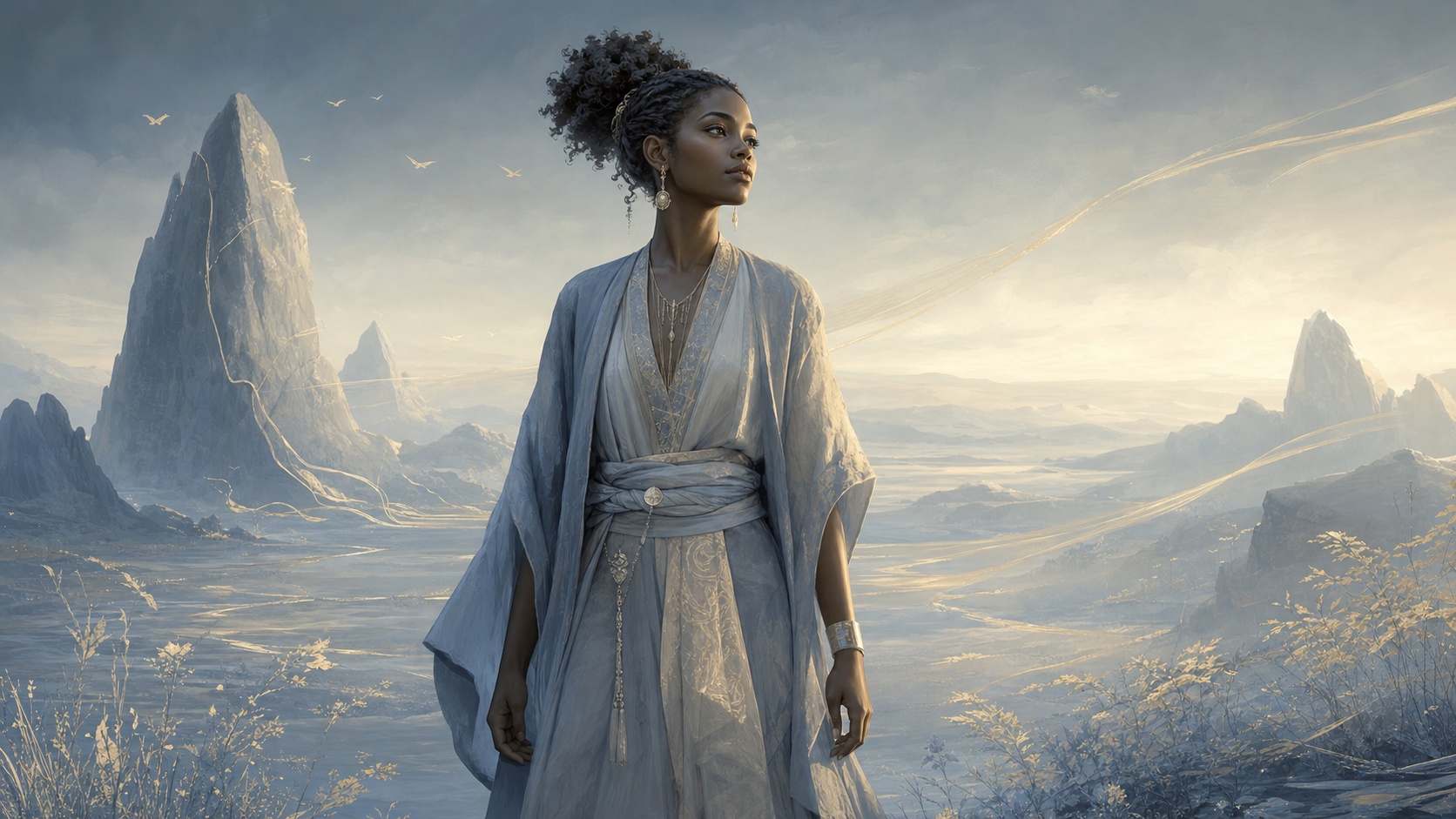 femme africaine debout dans un paysage d'après-midi déclinant dans une posture stable et sensible, vibration de l'heure 15:11