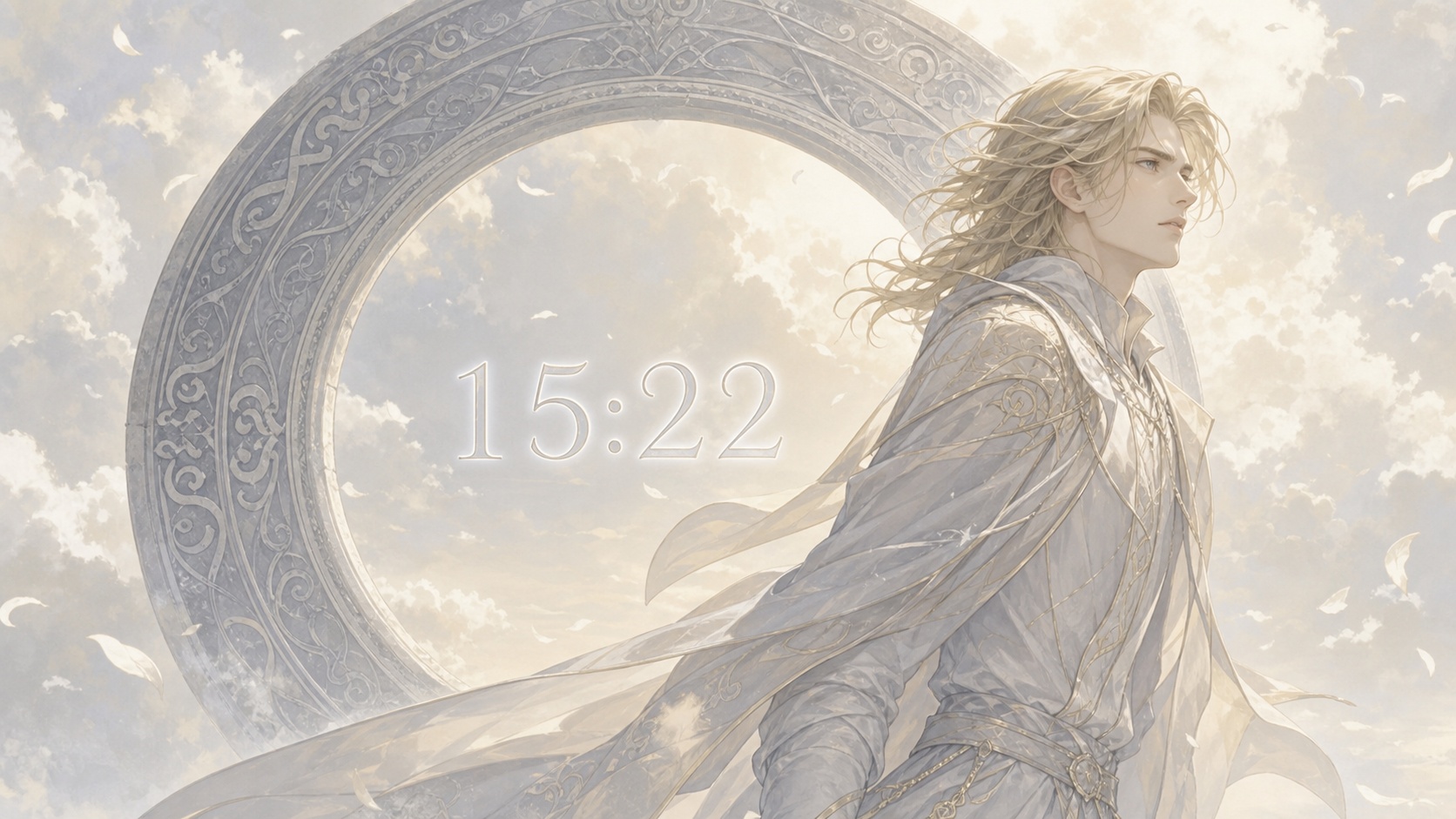 homme nordique devant un anneau en pierre grise avec 15:22 en argent lunaire et un après-midi gris doré, signification de l'heure 15:22