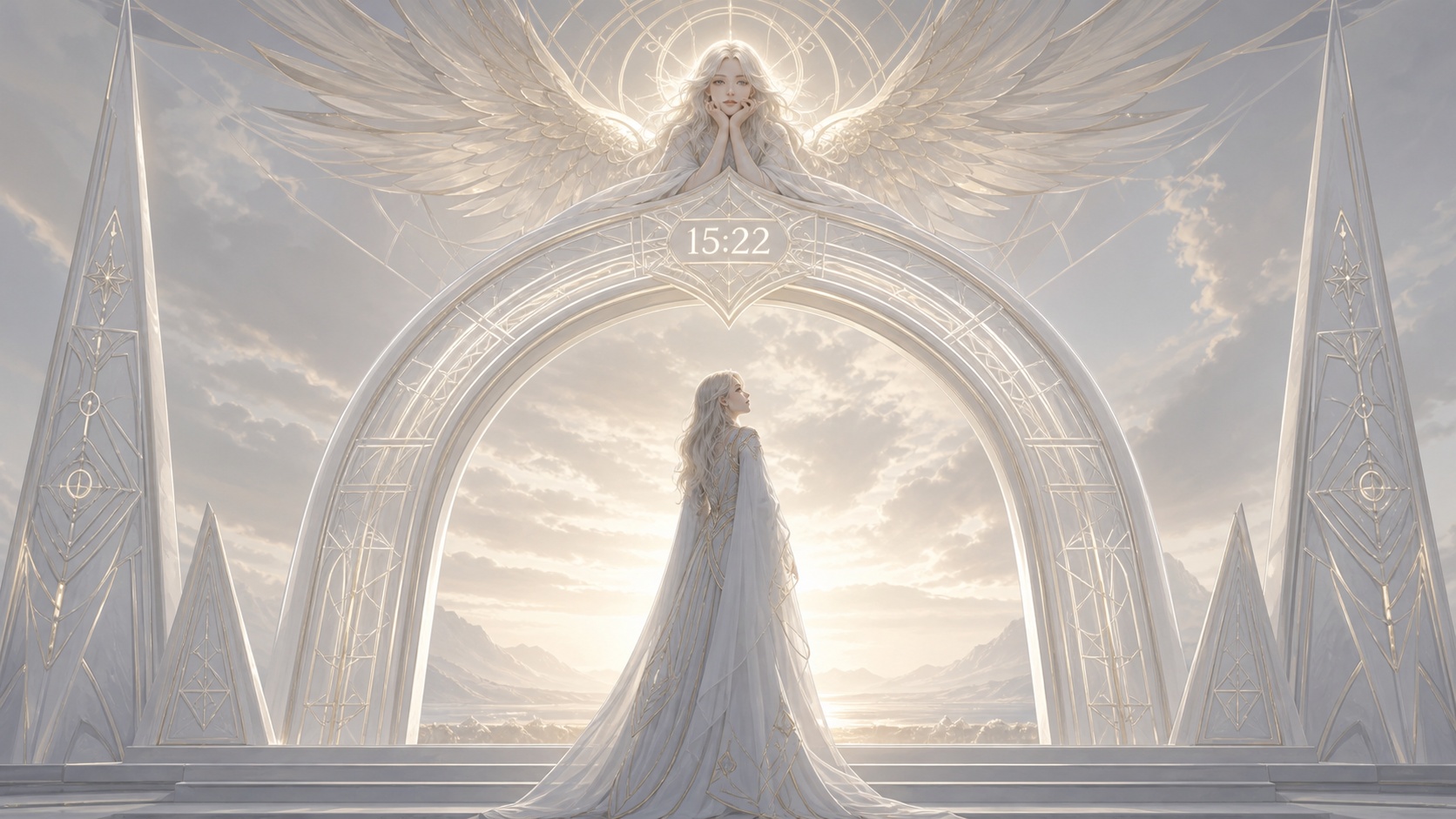 personnage européen sous une arche géométrique nacrée avec Asaliah, symbolique de l'heure 15:22