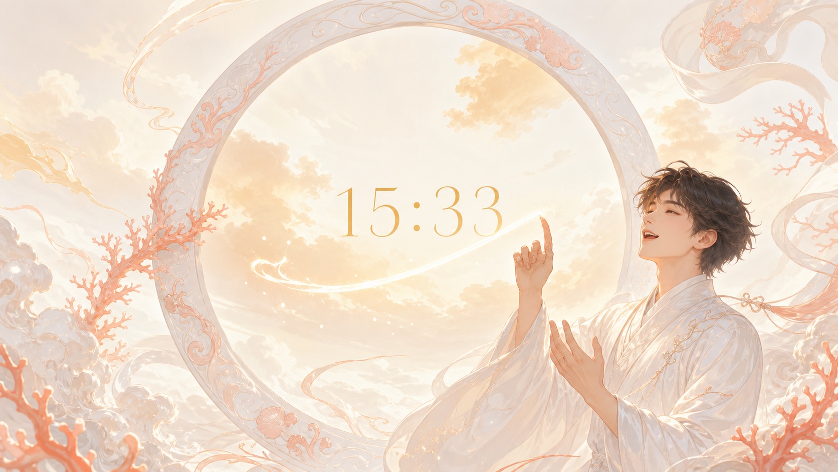 homme asiatique devant un anneau nacré et corail avec 15:33 et une lumière d'après-midi dorée, signification de l'heure 15:33