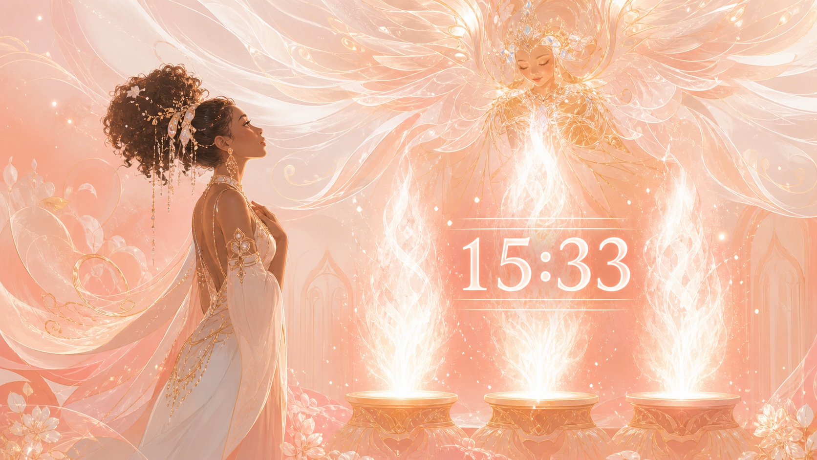 personnage africain devant trois flammes corail avec Asaliah, symbolique de l'heure 15:33