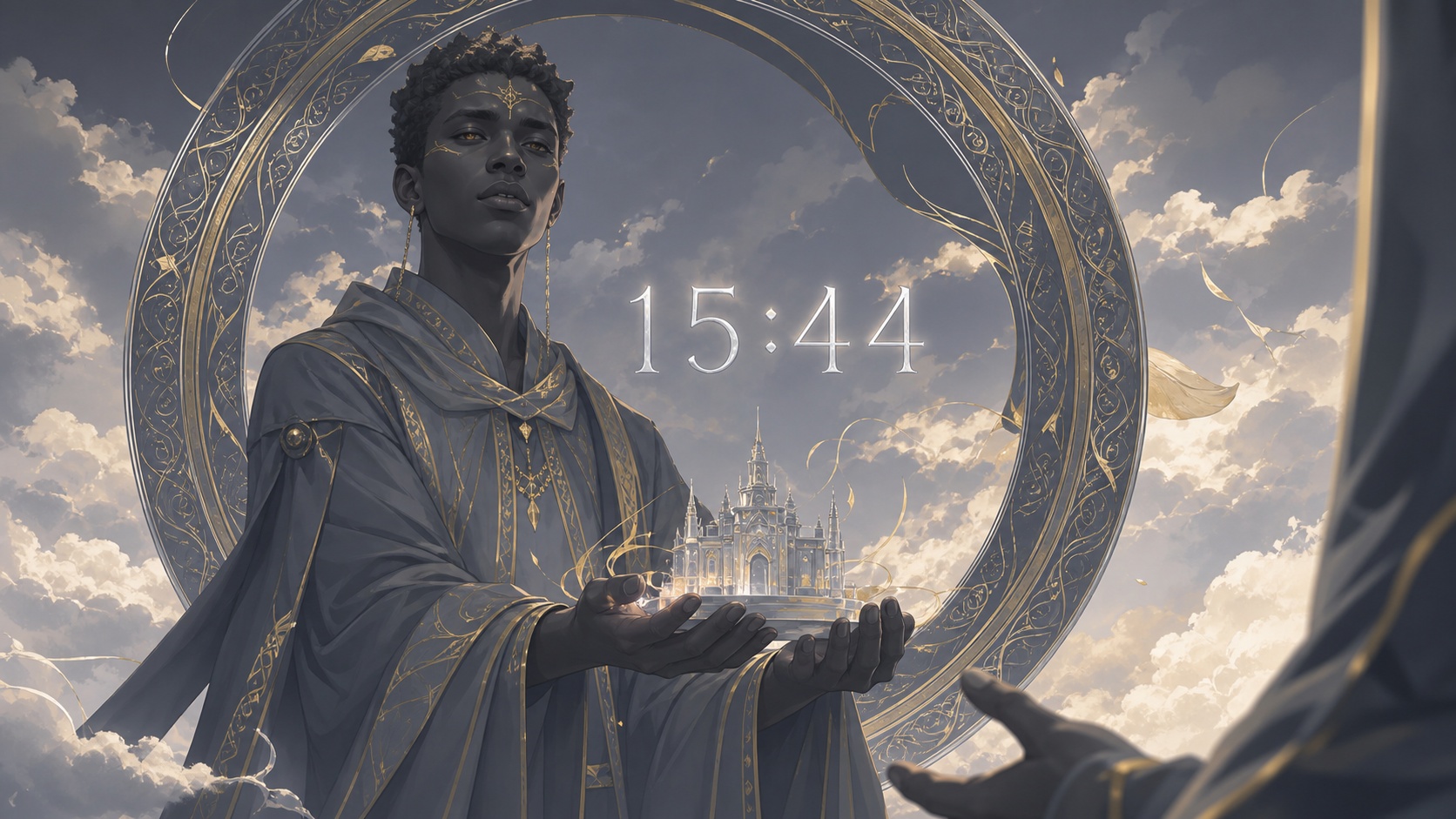 homme africain devant un anneau gris ardoise doré et argent avec 15:44 et un ciel d'après-midi chaud, signification de l'heure 15:44