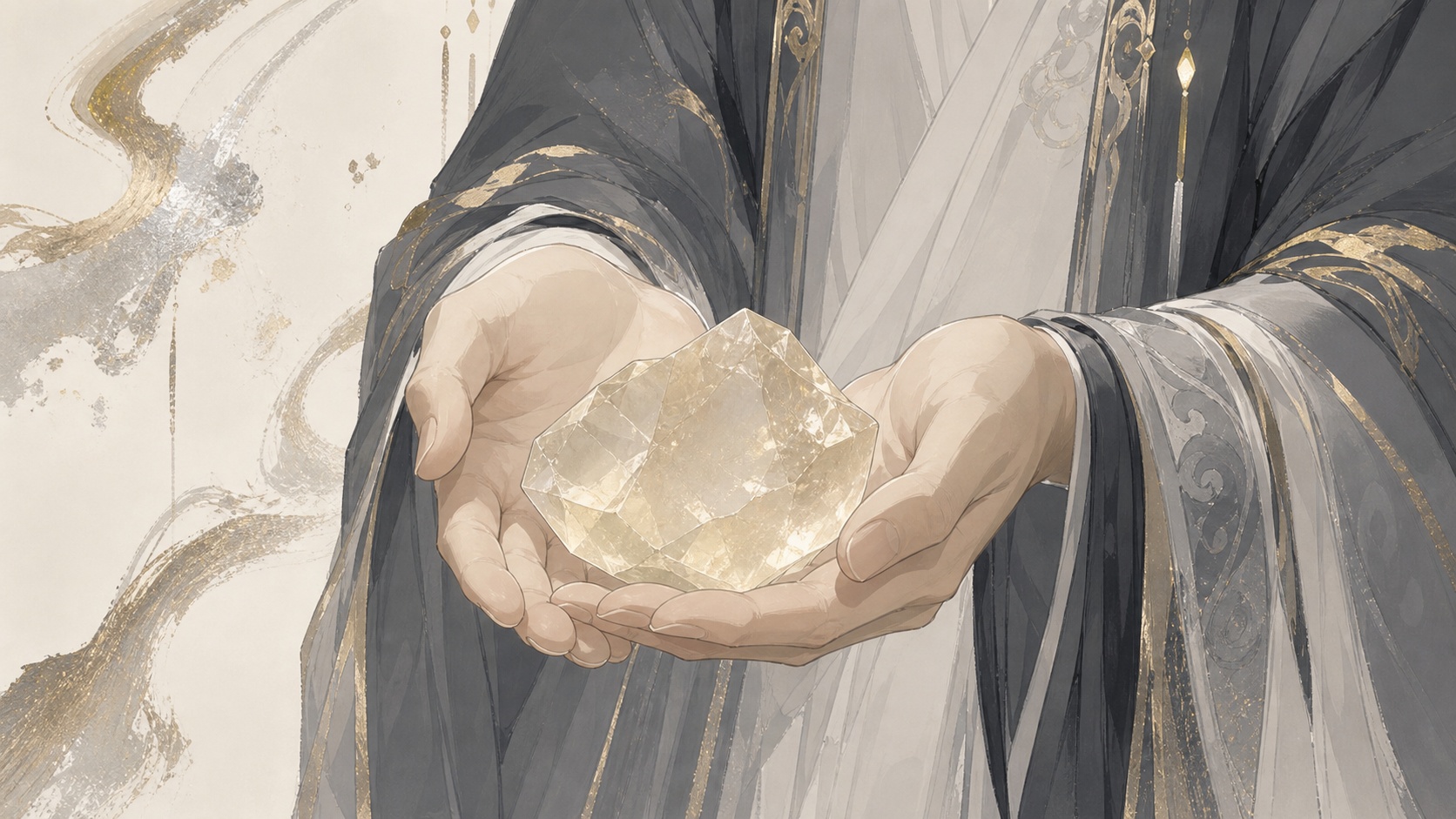 mains asiatiques tenant une citrine douce dans un geste de transmission, message de l'heure 15:44