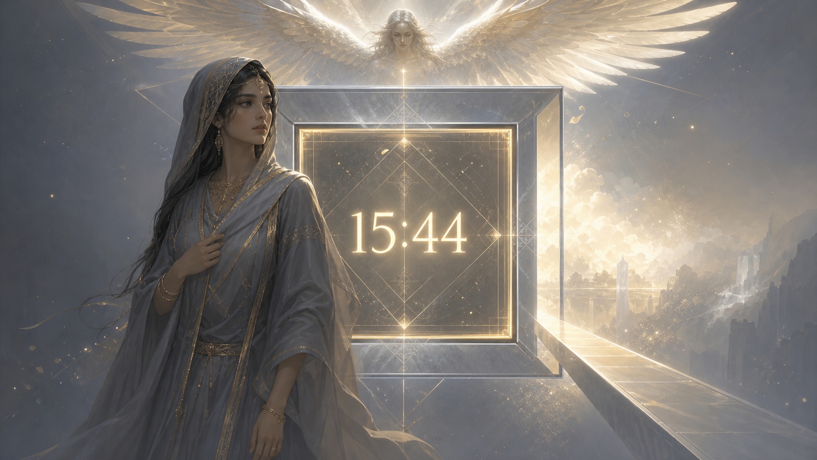 personnage moyen-oriental devant un carré géométrique doublement ancré gris ardoise doré et argent avec Mihael, symbolique de l'heure 15:44