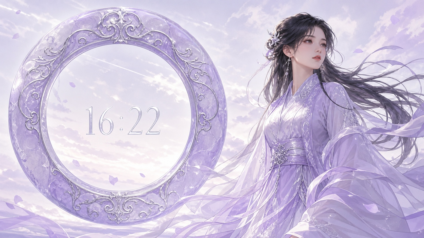femme asiatique devant un anneau lavande pâle avec 16:22 en argent lunaire et une fin d'après-midi nacrée, signification de l'heure 16:22
