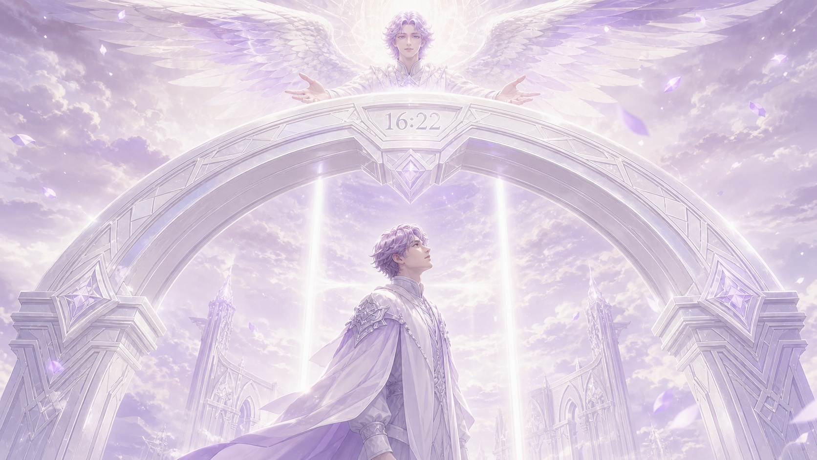 personnage nordique sous une arche géométrique nacrée avec Daniel, symbolique de l'heure 16:22
