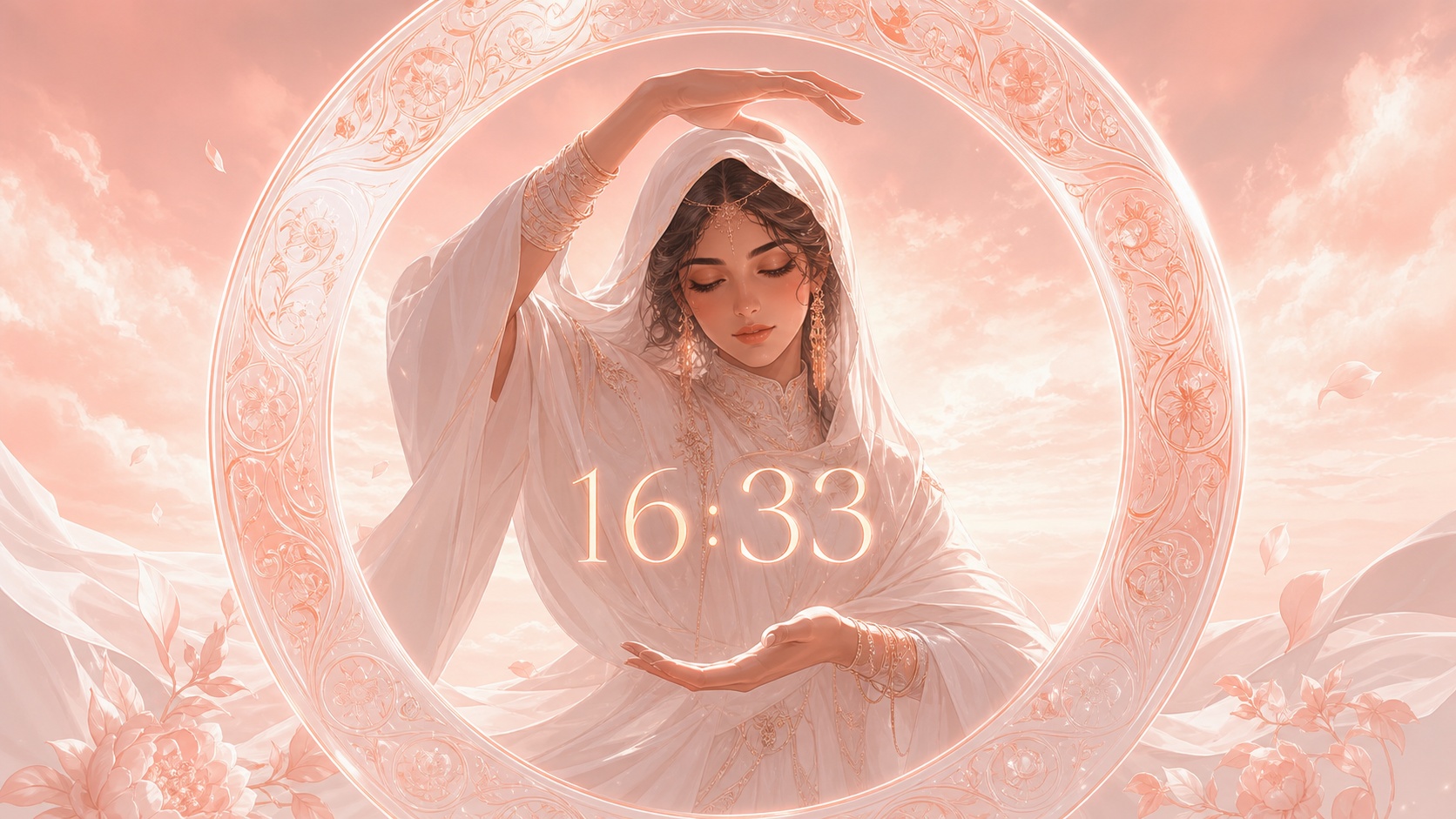 femme moyen-orientale devant un anneau nacré et rose ambré avec 16:33 et une fin d'après-midi corail, signification de l'heure 16:33
