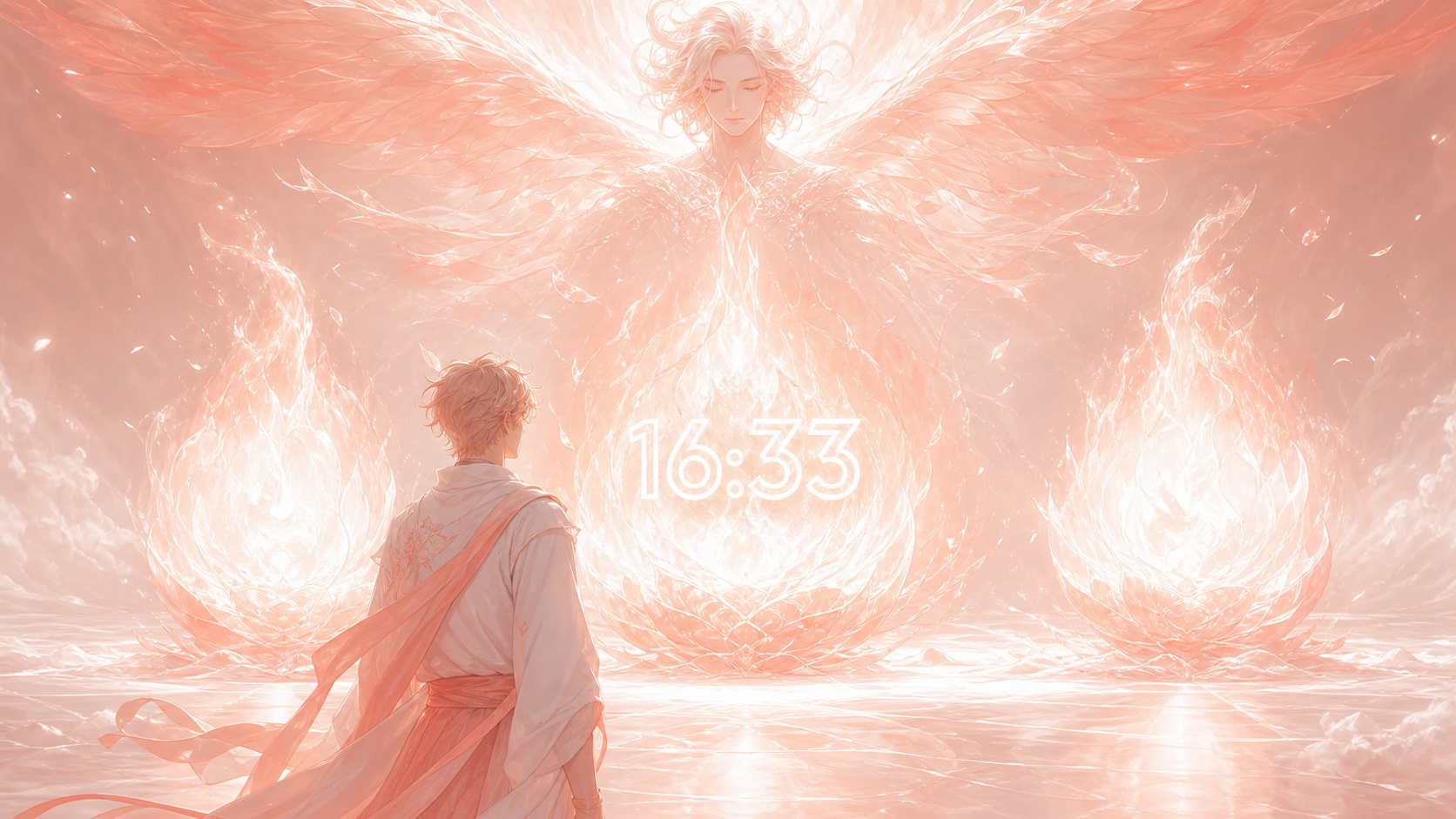 personnage nordique devant trois flammes corail avec Daniel, symbolique de l'heure 16:33