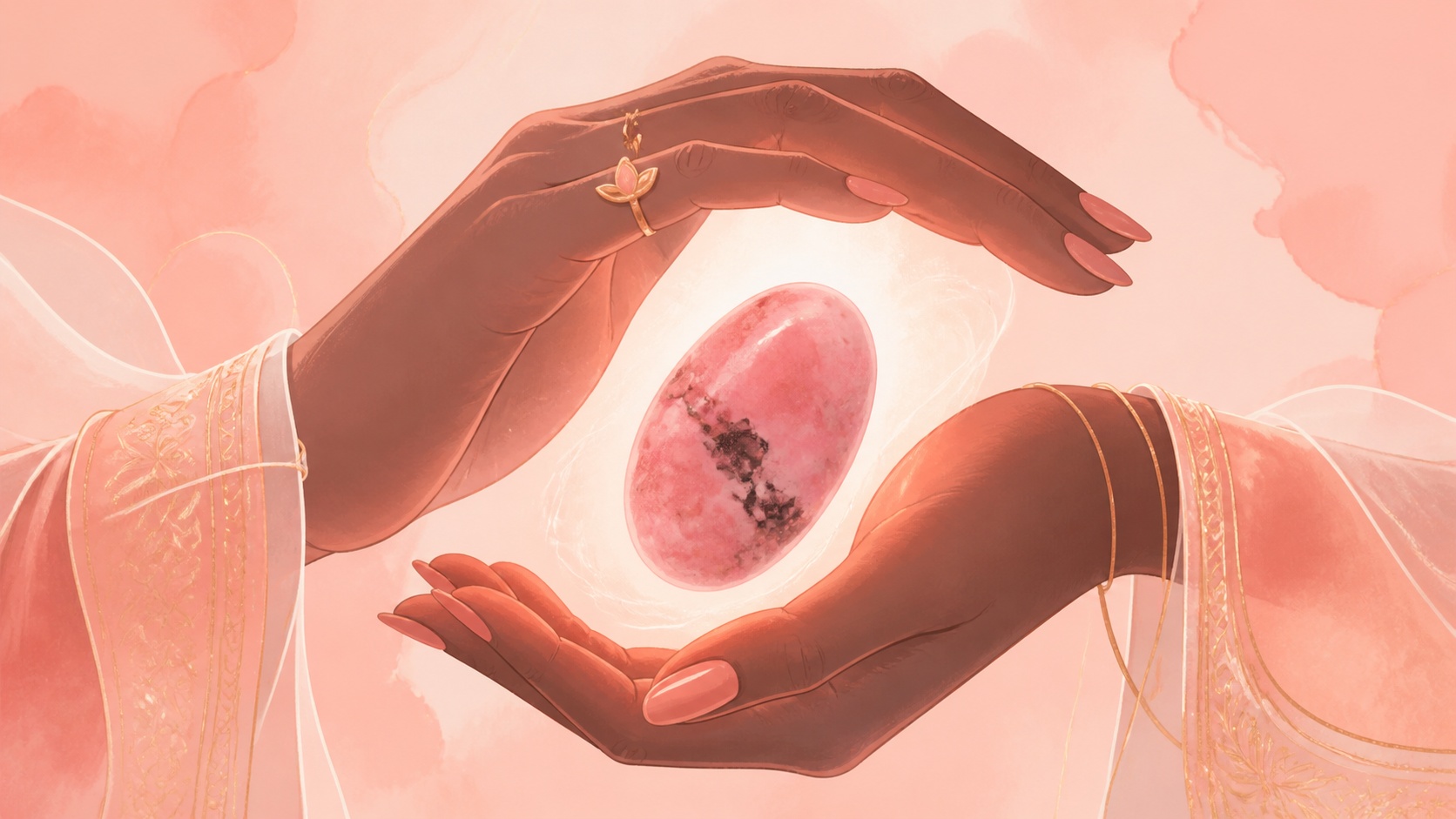 mains africaines formant un cercle protecteur autour d'une rhodonite, message de l'heure 16:33