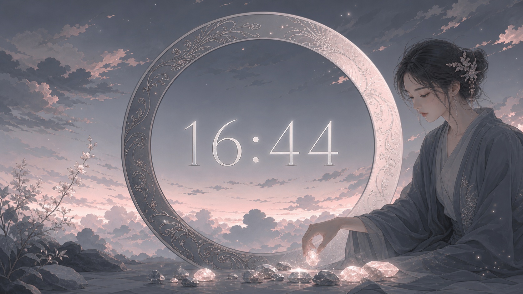 femme asiatique devant un anneau gris ardoise et blanc rosé pâle avec 16:44 et un ciel de fin d'après-midi, signification de l'heure 16:44