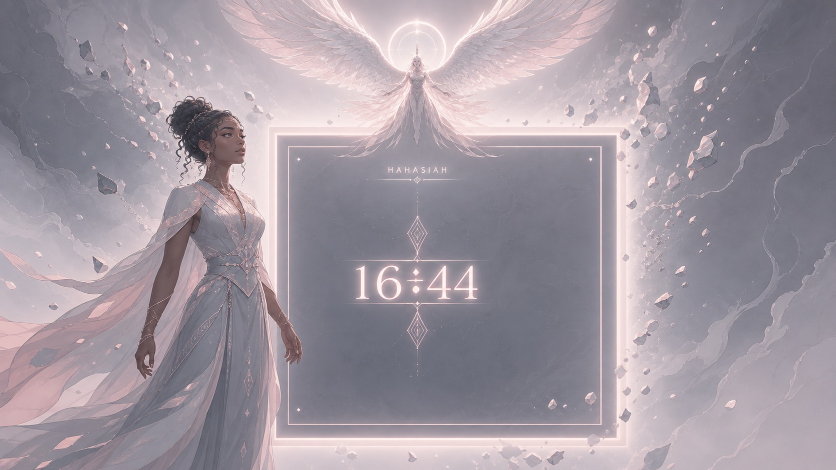 personnage africain devant un carré géométrique doublement ancré gris ardoise et rosé pâle avec Hahasiah, symbolique de l'heure 16:44