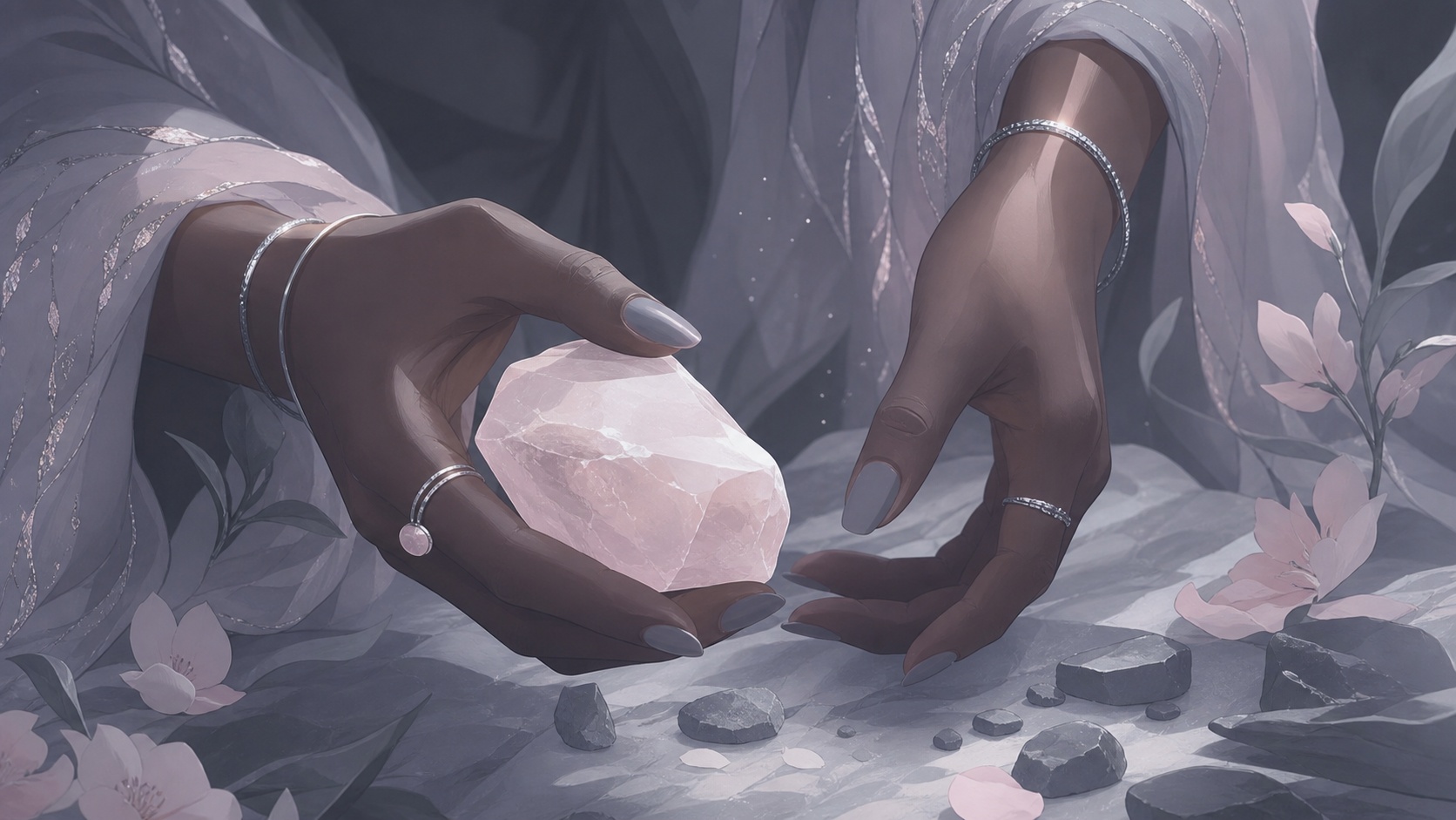 mains africaines tenant un quartz rose pâle dans un geste de tri et d'allègement, message de l'heure 16:44
