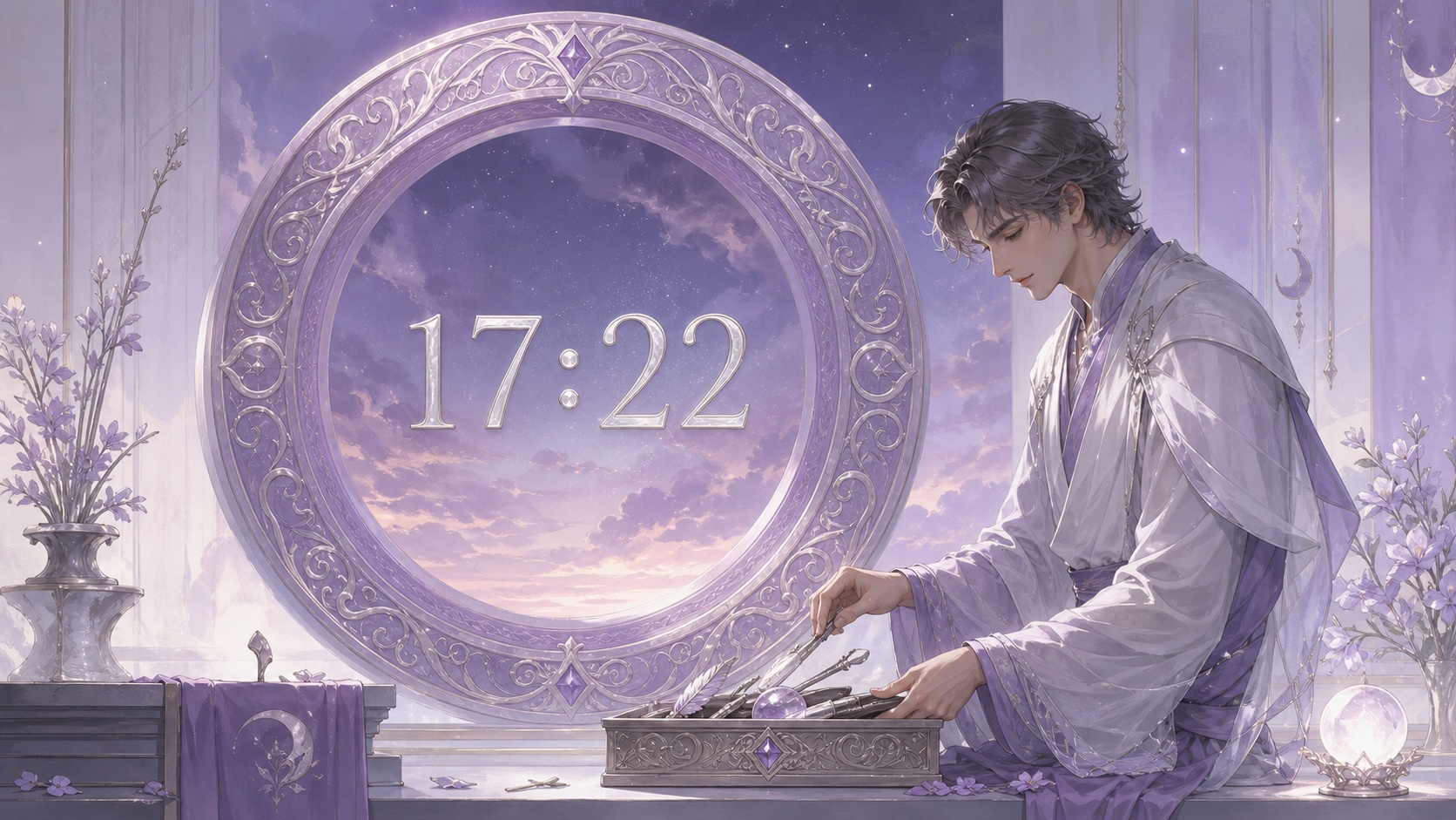 homme européen devant un anneau mauve avec 17:22 en argent lunaire et un début de soir nacré, signification de l'heure 17:22
