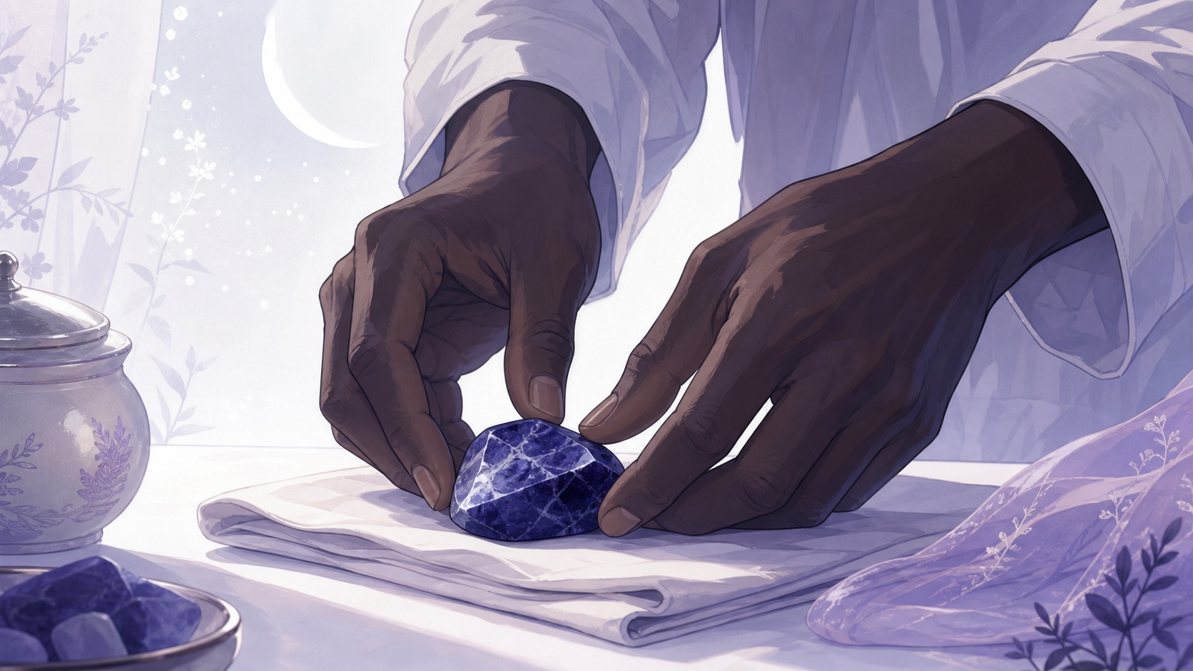 mains africaines déposant une sodalite comme un outil en fin de journée, message de l'heure 17:22