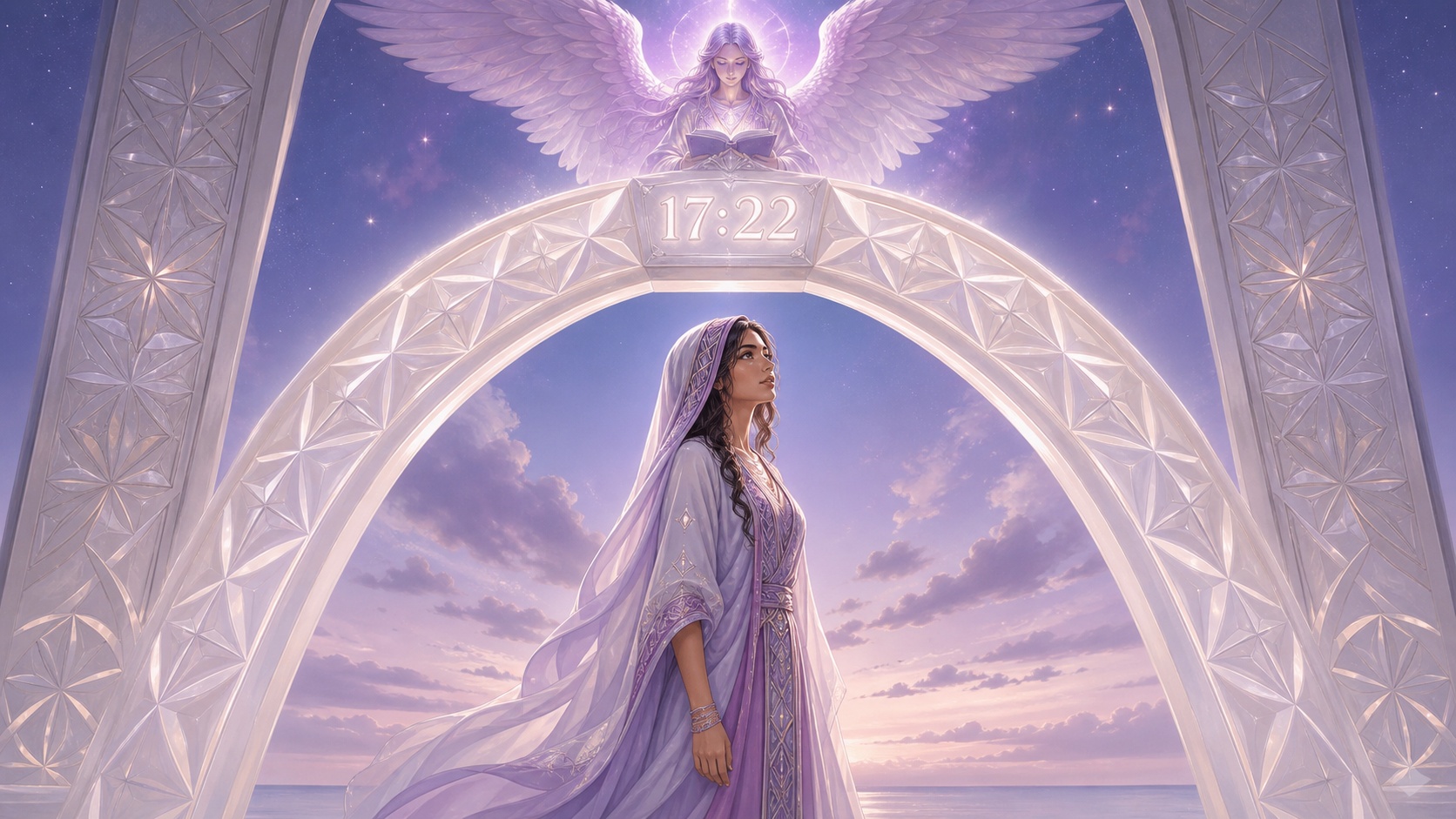personnage moyen-oriental sous une arche géométrique nacrée avec Nanael, symbolique de l'heure 17:22