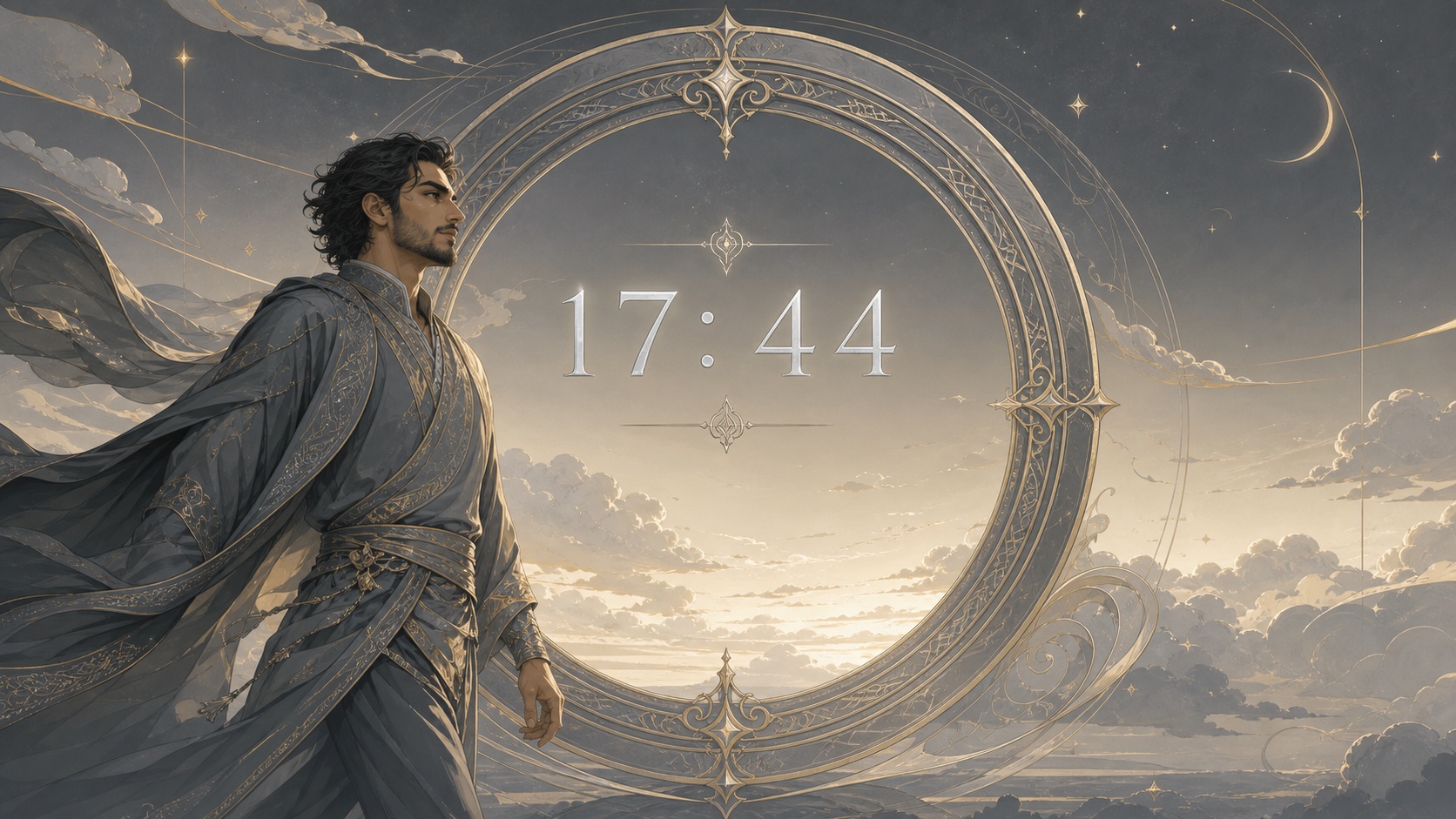 homme moyen-oriental devant un anneau gris ardoise doré et argent avec 17:44 et un ciel de seuil du soir, signification de l'heure 17:44