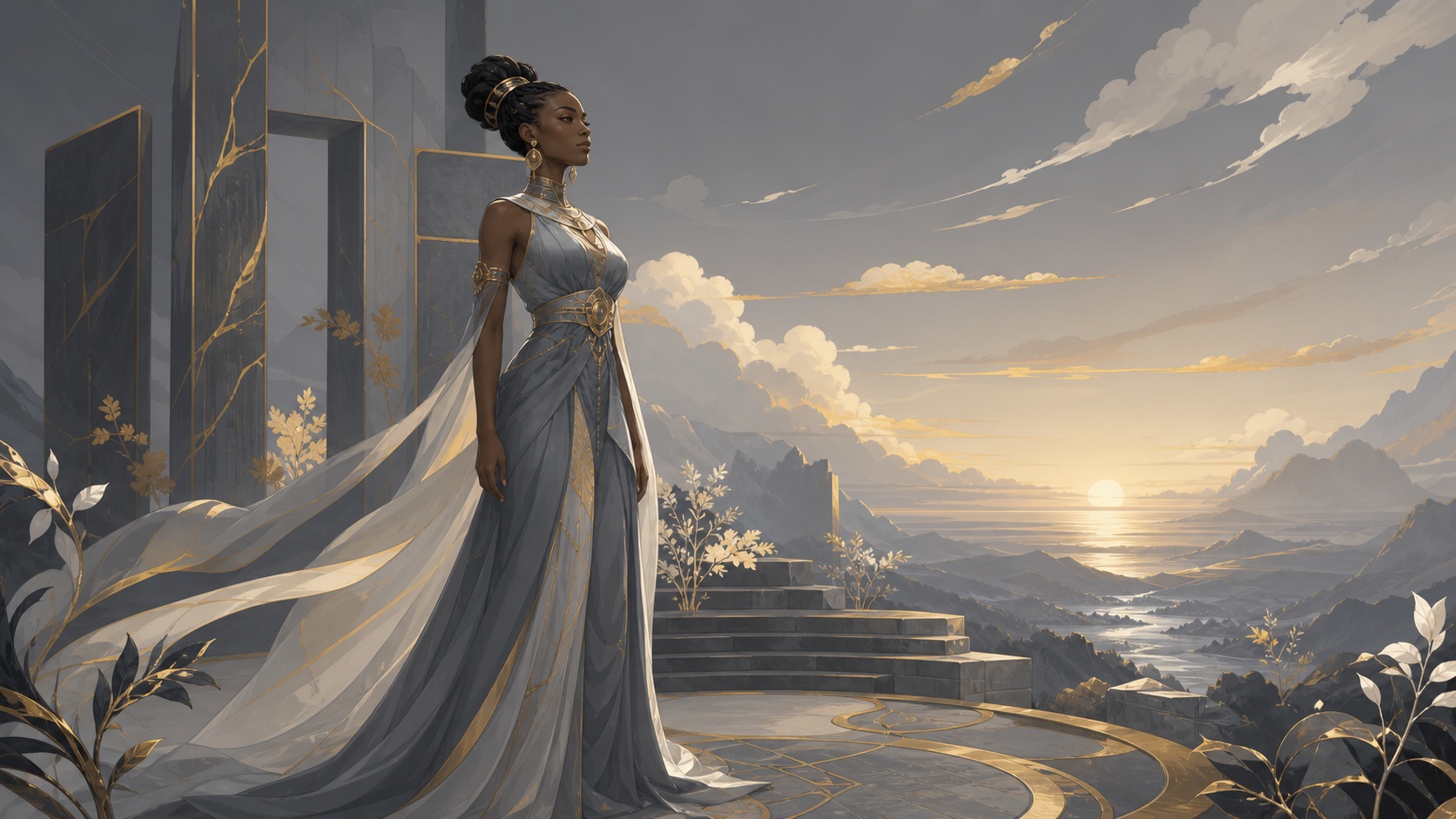 femme africaine debout au seuil du soir portée avec dignité par sa propre structure, vibration de l'heure 17:44