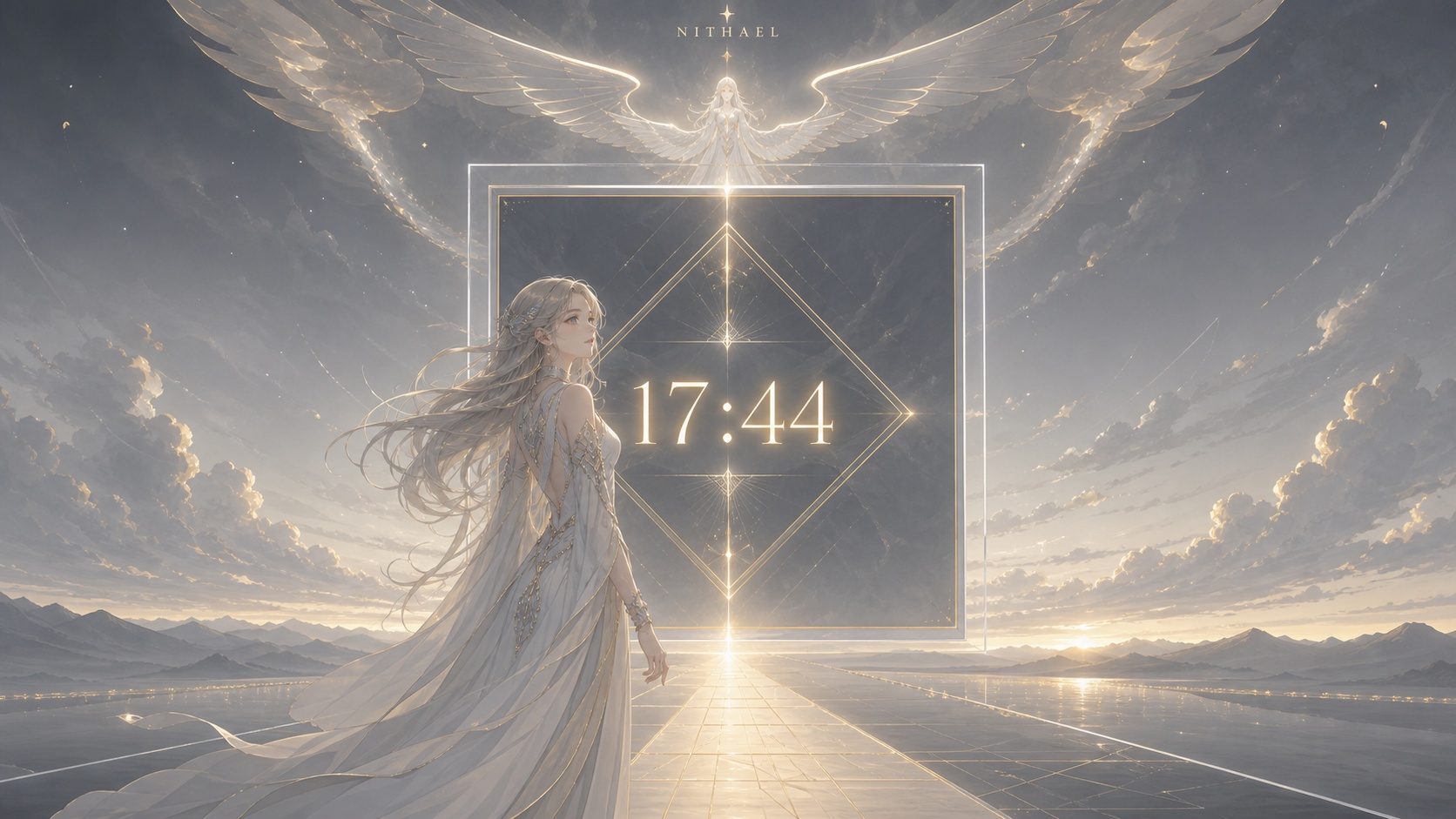 personnage européen devant un carré géométrique doublement ancré gris ardoise doré et argent avec Nithael, symbolique de l'heure 17:44