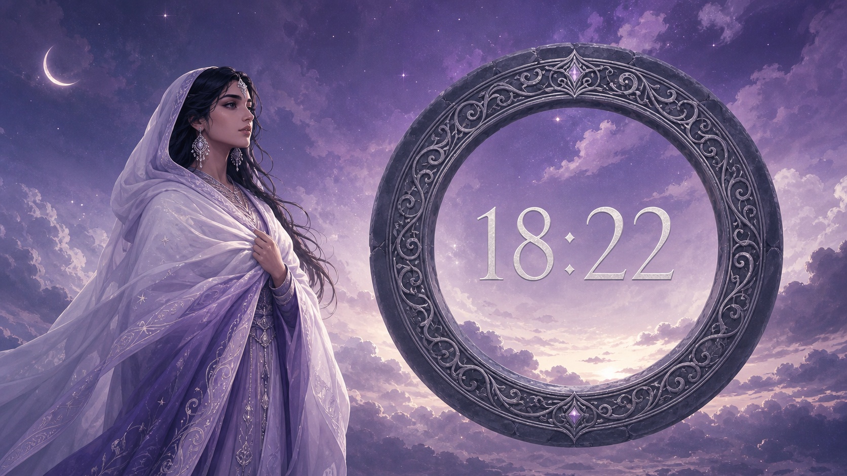 femme moyen-orientale devant un anneau sombre et argent avec 18:22 et un crépuscule lilas, signification de l'heure 18:22
