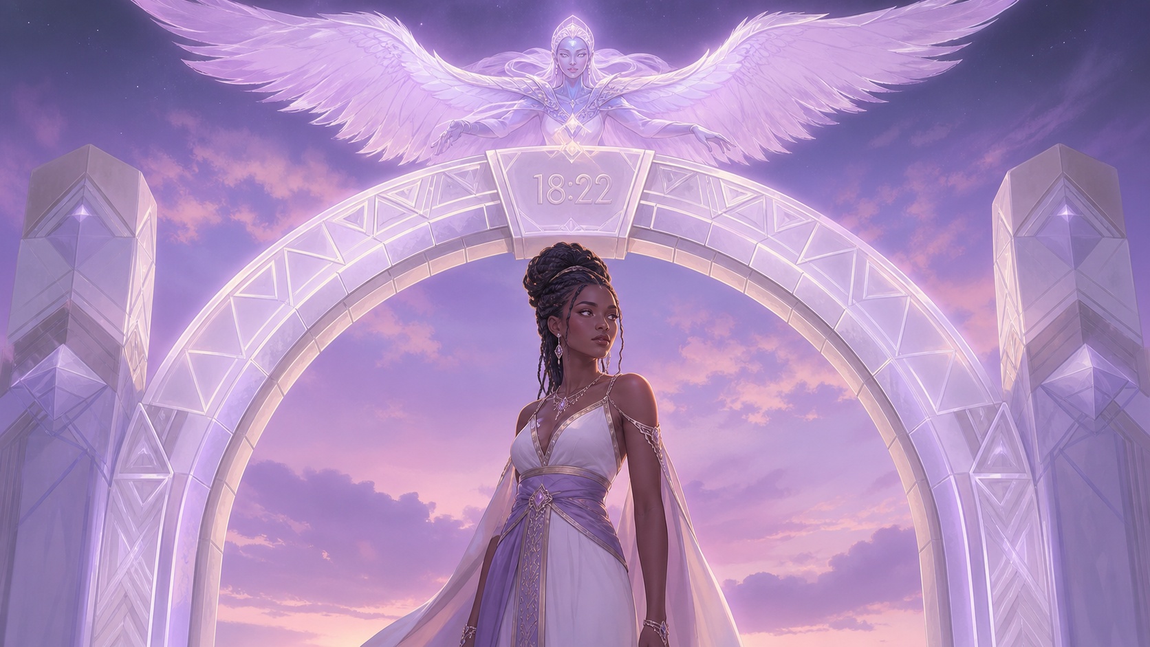 personnage africain sous une arche géométrique nacrée avec Poyel, symbolique de l'heure 18:22