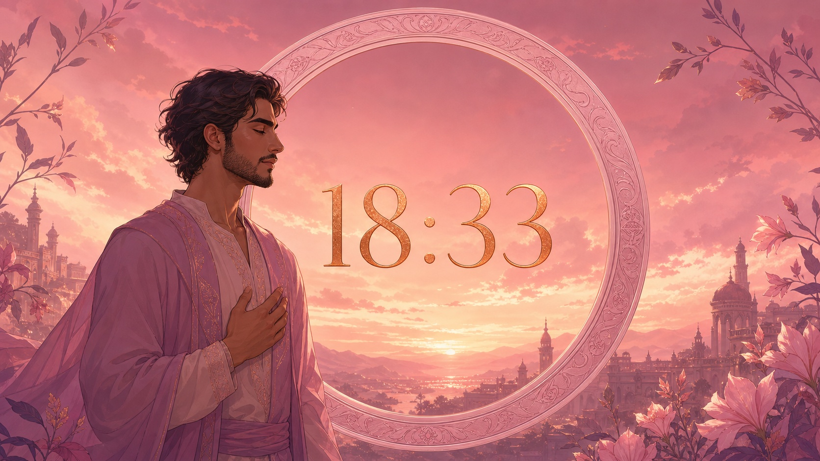 homme moyen-oriental devant un anneau rose poudré et mauve avec 18:33 et un ciel de crépuscule, signification de l'heure 18:33