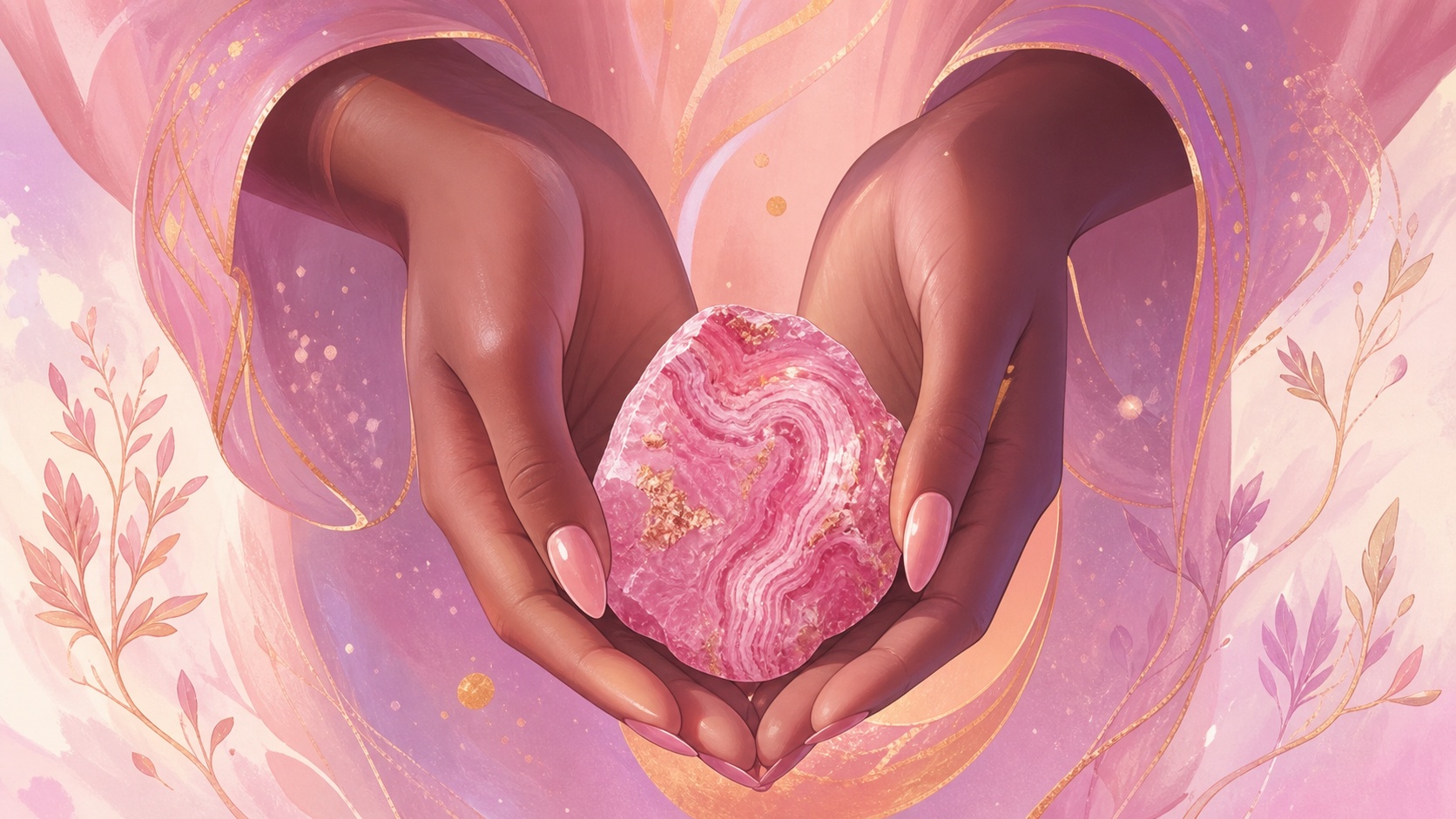 mains africaines tenant une rhodochrosite dans un geste de choix affectif, message de l'heure 18:33