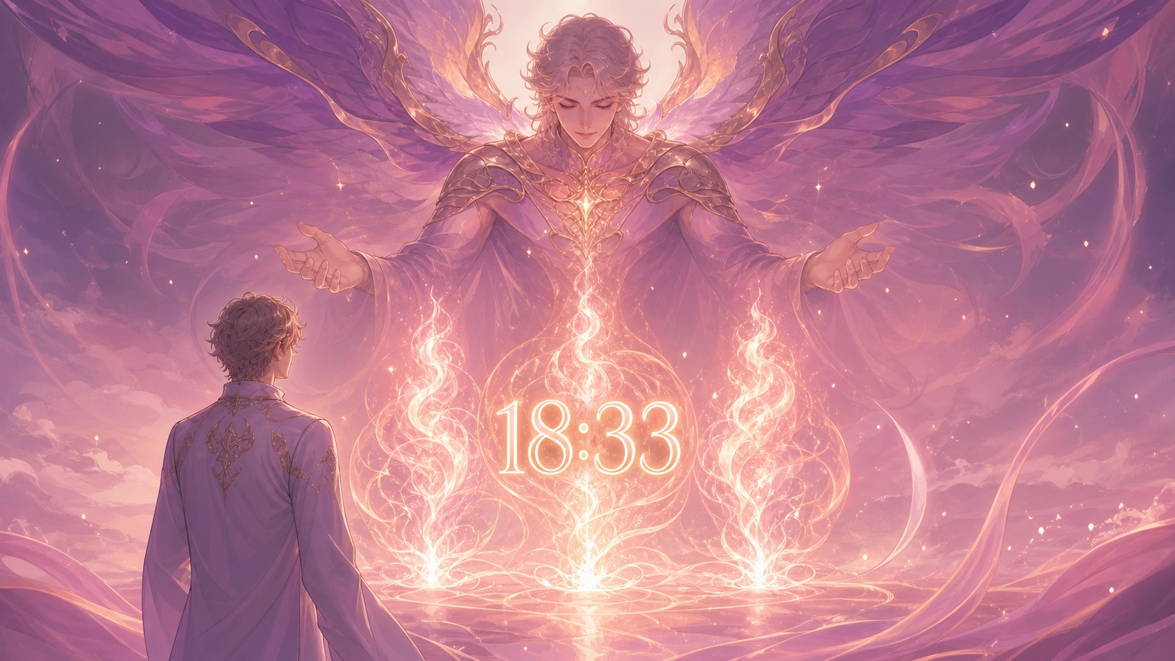 personnage européen devant trois flammes rose et mauve avec Poiel, symbolique de l'heure 18:33