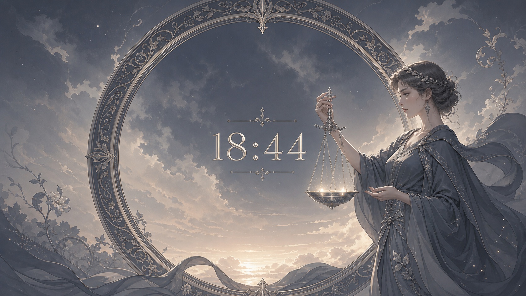 femme européenne devant un anneau gris ardoise et argent chaud avec 18:44 et un ciel de crépuscule, signification de l'heure 18:44