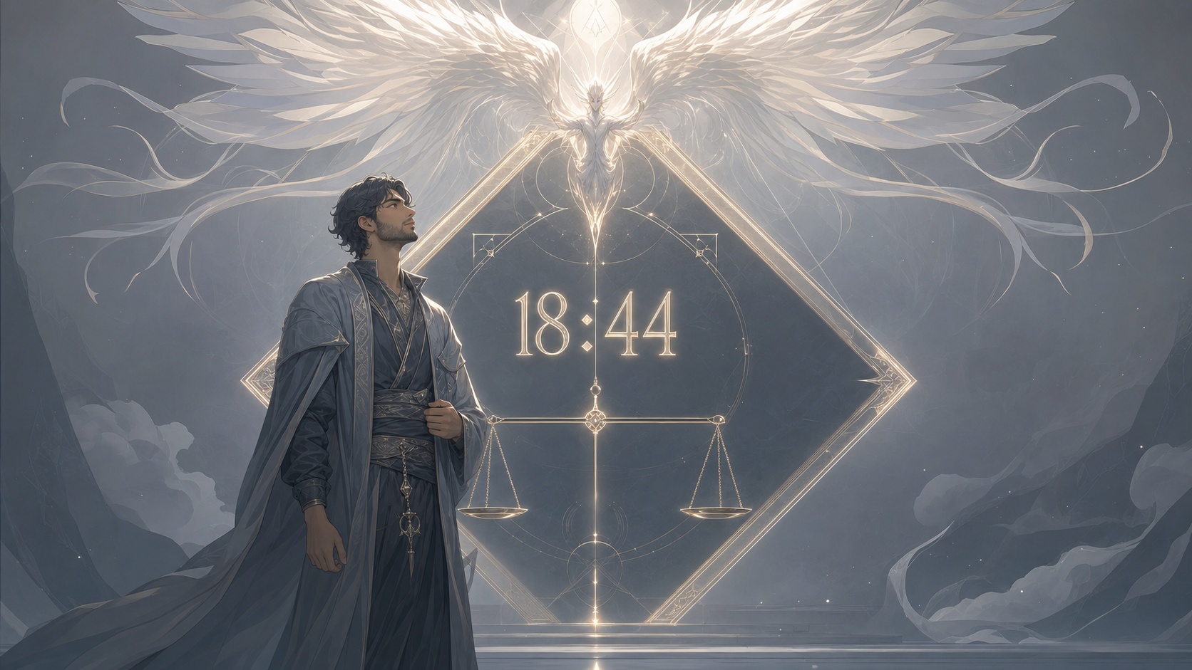 personnage moyen-oriental devant un carré géométrique doublement ancré gris ardoise et argent chaud avec Nemamiah, symbolique de l'heure 18:44