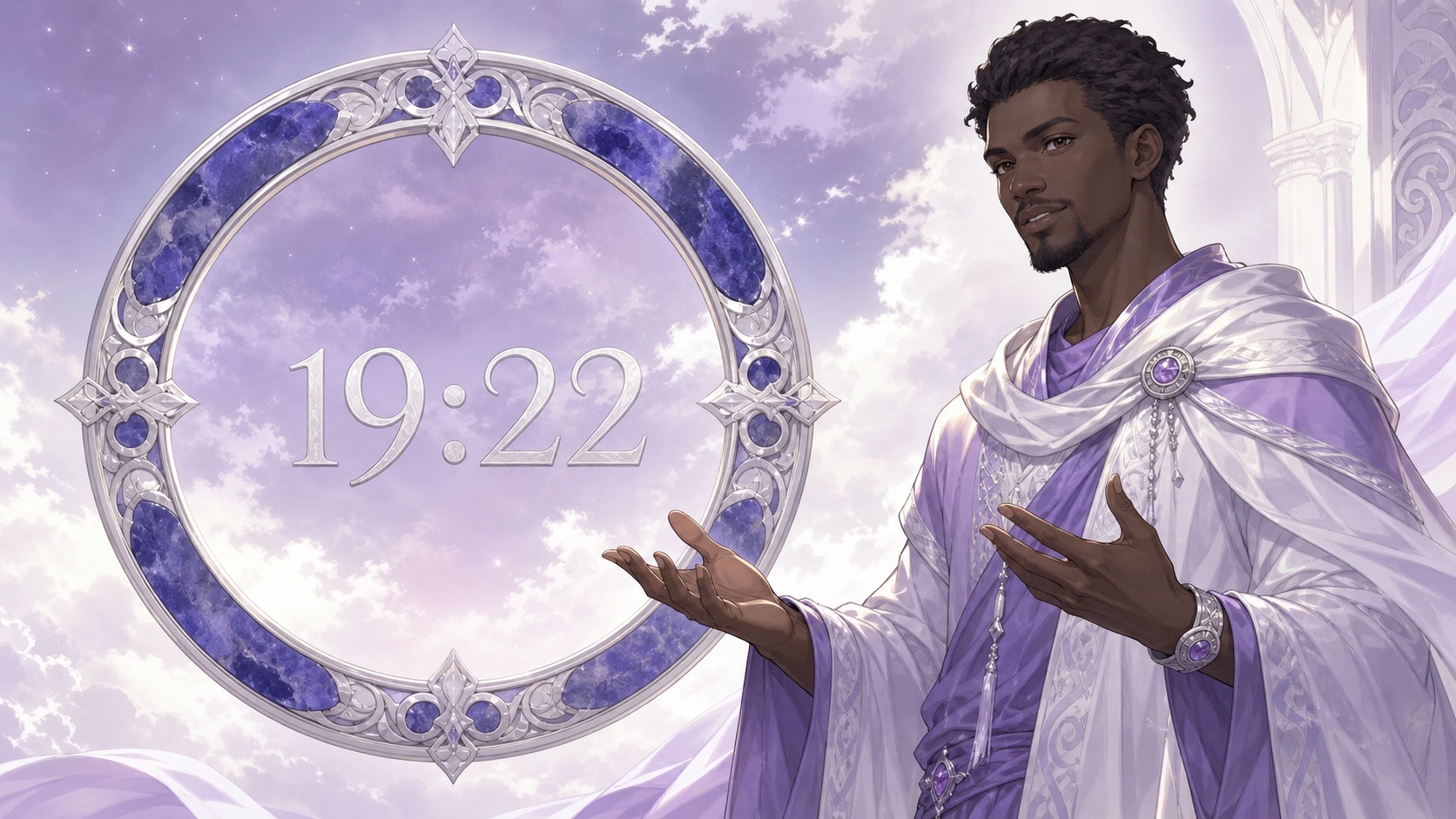 homme africain devant un anneau en sodalite avec 19:22 en argent lunaire et un début de soir améthyste, signification de l'heure 19:22