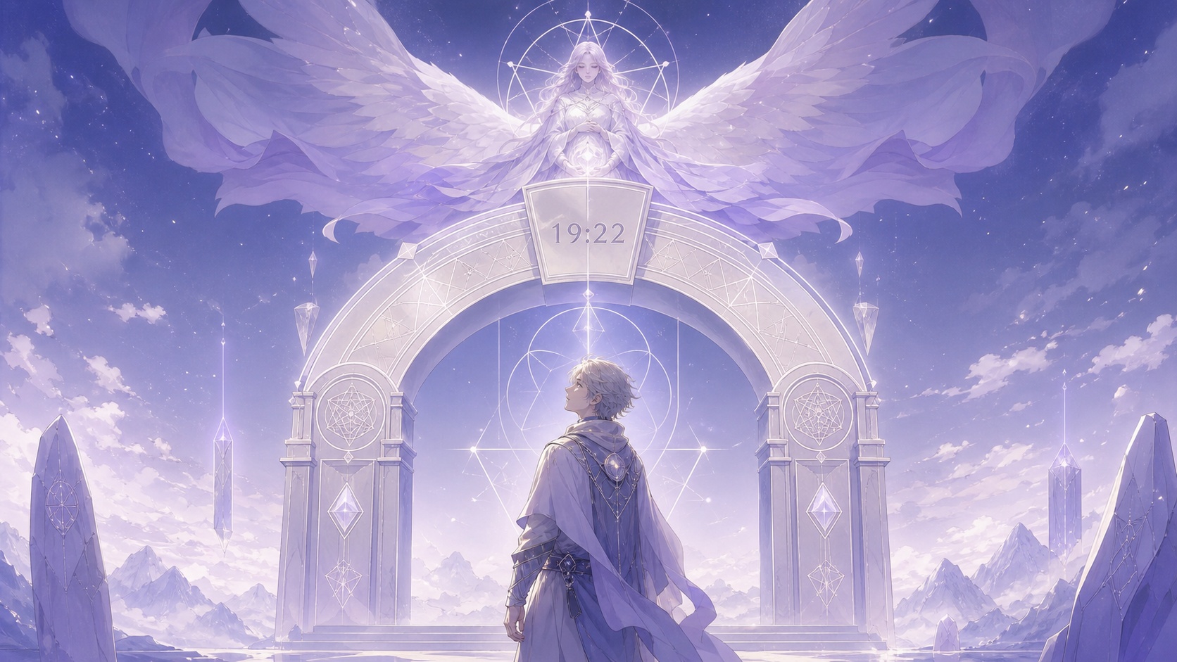 personnage nordique sous une arche géométrique nacrée avec Harahel, symbolique de l'heure 19:22