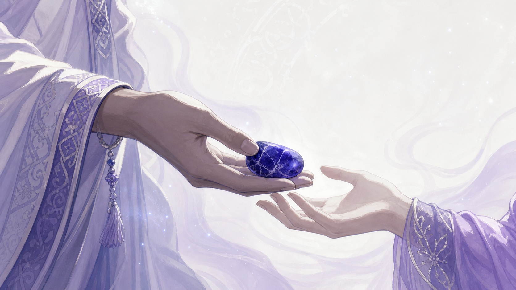 mains moyen-orientales transmettant une sodalite d'une paume à l'autre, message de l'heure 19:22