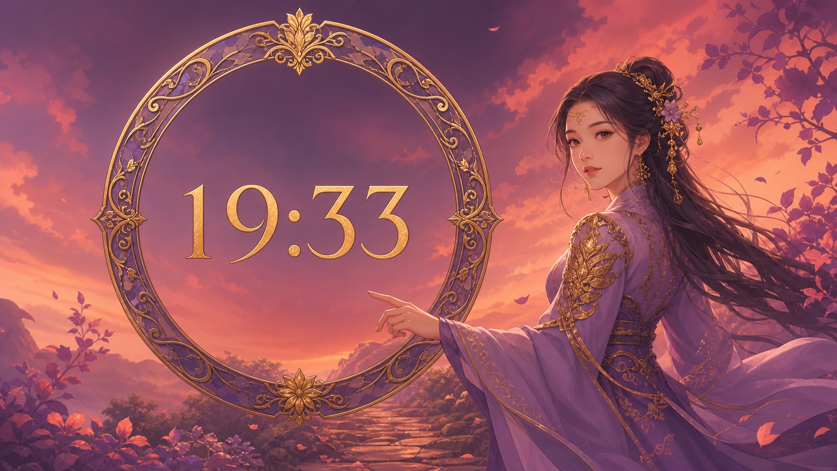 femme asiatique devant un anneau mauve chaud et or profond avec 19:33 et un ciel de tombée du jour, signification de l'heure 19:33