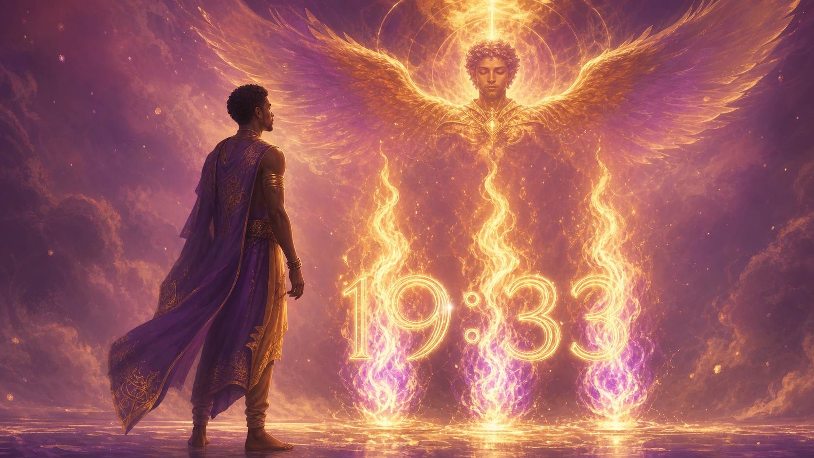 personnage africain devant trois flammes mauve et or avec Harael, symbolique de l'heure 19:33