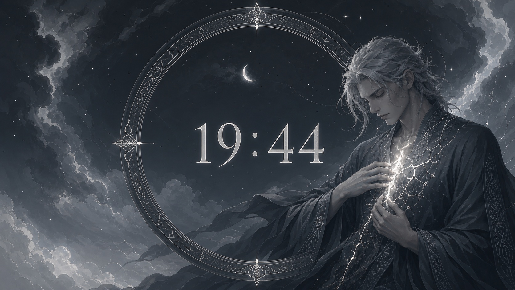 homme nordique devant un anneau gris ardoise profond et blanc lunaire avec 19:44 et un ciel de nuit tombante, signification de l'heure 19:44