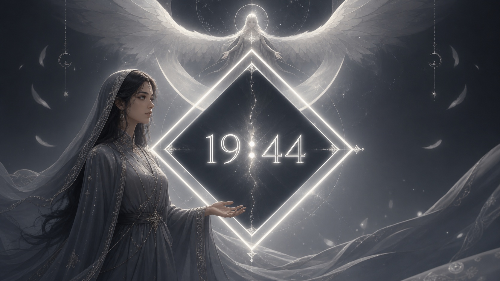 personnage moyen-oriental devant un carré géométrique doublement ancré gris ardoise profond et blanc lunaire avec Mitzrael, symbolique de l'heure 19:44