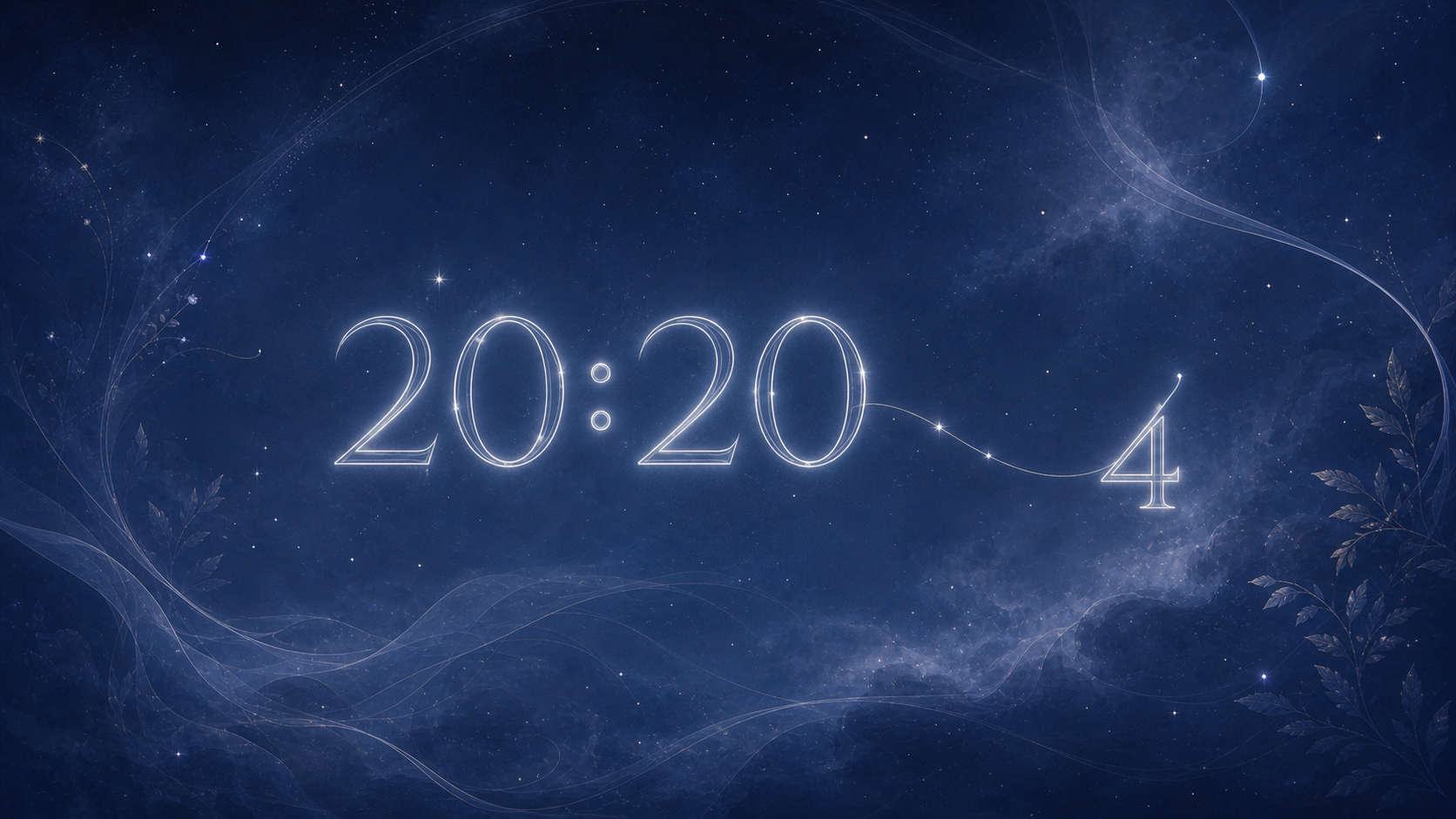 heure miroir 20:20 et nombre 4 en bleu nuit et argent lunaire, associations de l'heure 20:02