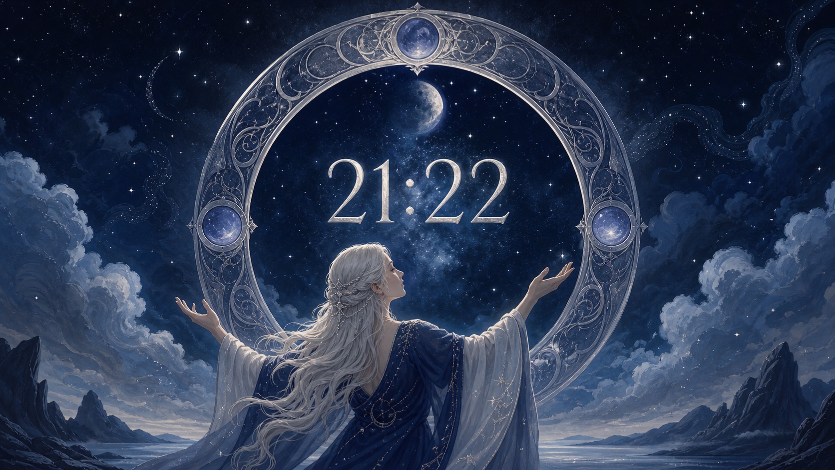 femme nordique devant un anneau de pierre nocturne avec 21:22 en argent lunaire et une nuit veloutée, signification de l'heure 21:22