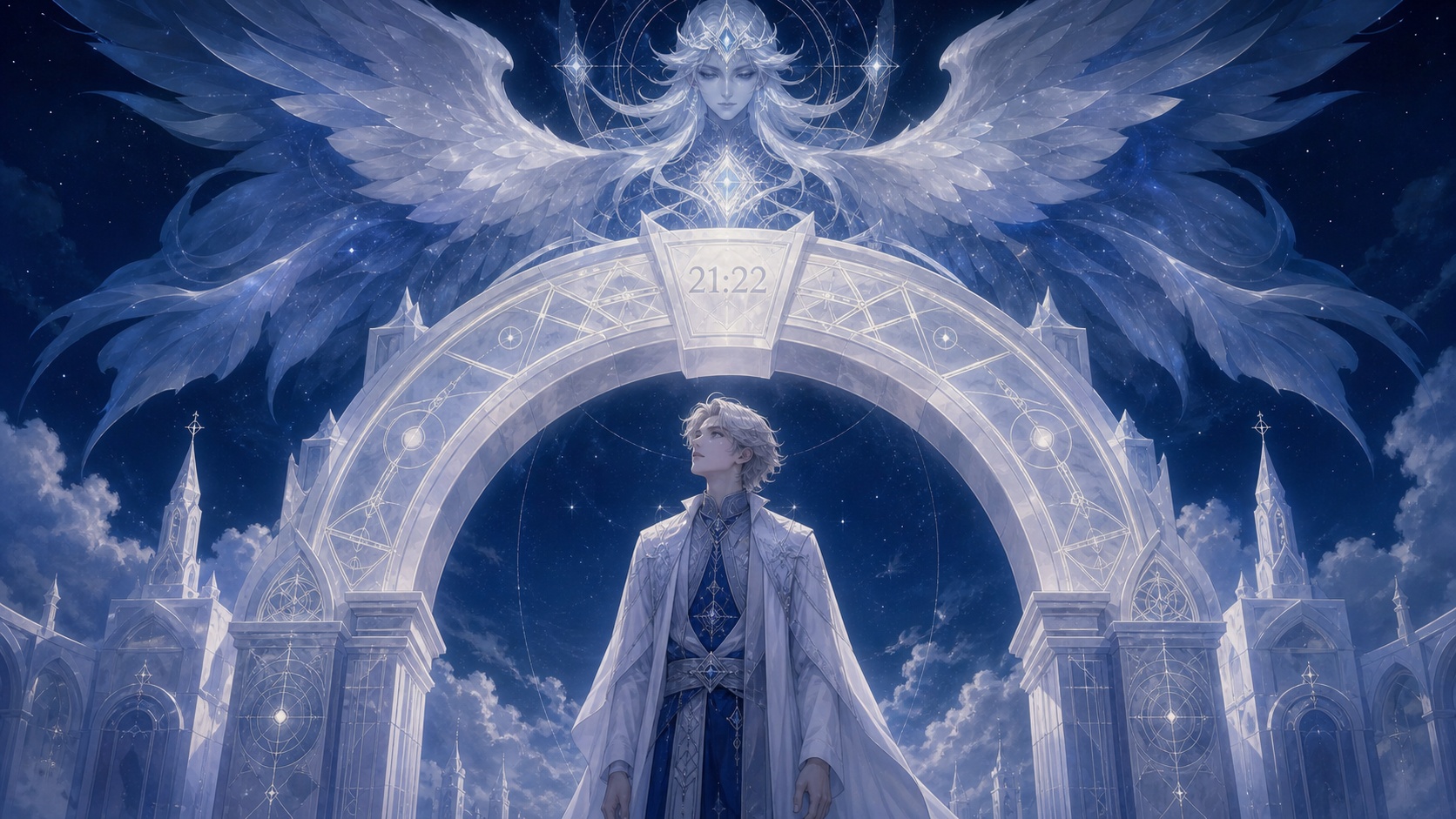 personnage européen sous une arche géométrique nacrée avec Damabiah, symbolique de l'heure 21:22