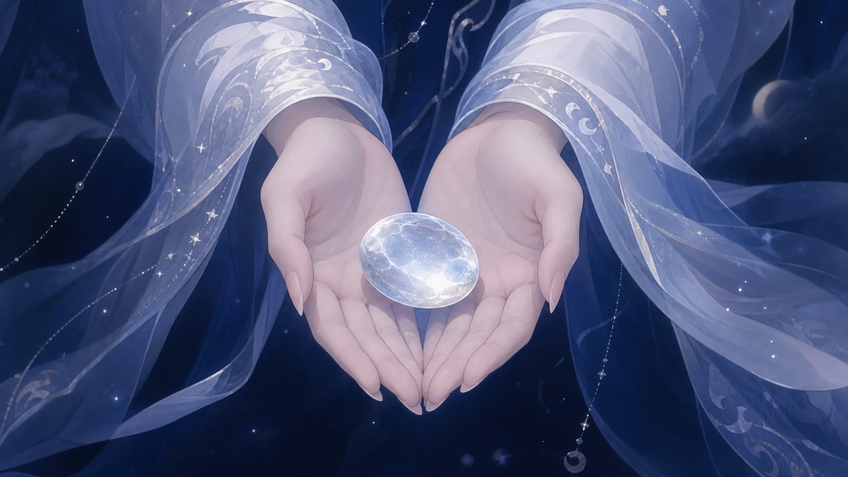 mains asiatiques ouvrant les paumes vers la nuit avec une pierre de lune, message de l'heure 21:22