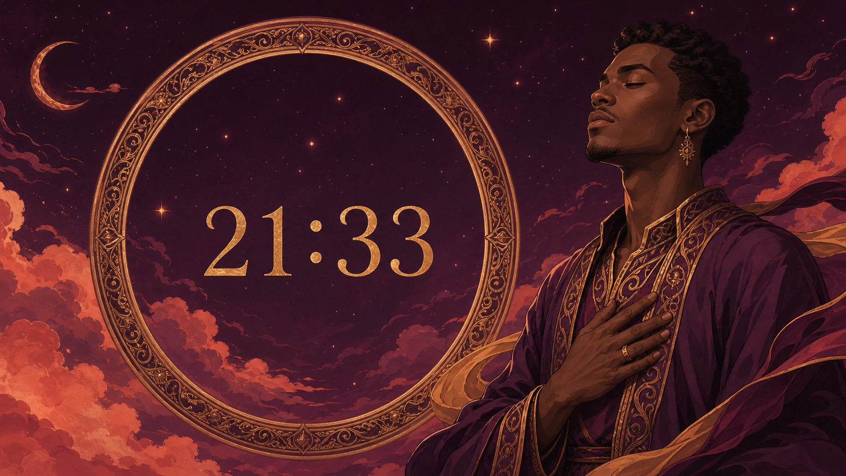 homme africain devant un anneau prune chaud et or ancien avec 21:33 et un ciel de nuit profonde, signification de l'heure 21:33