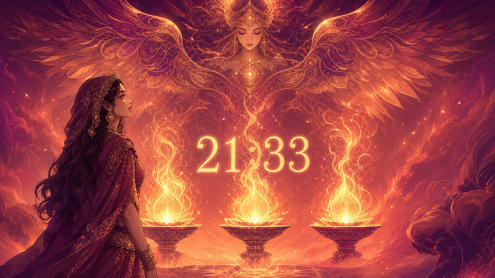 personnage moyen-oriental devant trois flammes prune et or avec Damabiah, symbolique de l'heure 21:33