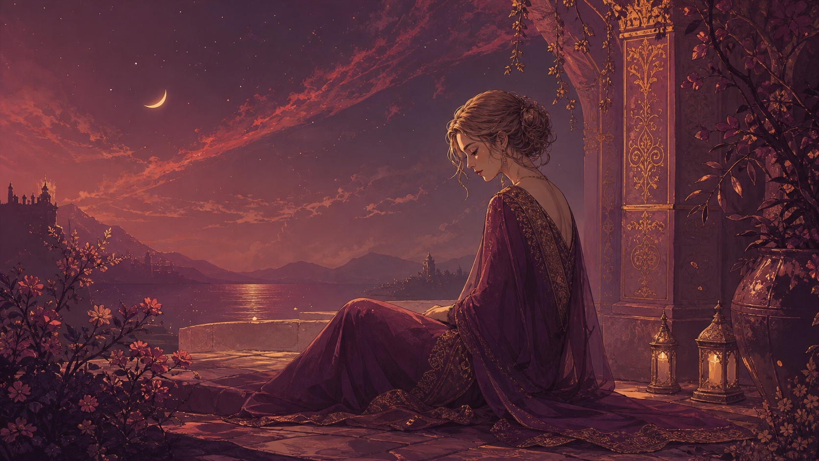 femme européenne assise seule dans la nuit, lumière tournée vers l'intérieur, vibration de l'heure 21:33