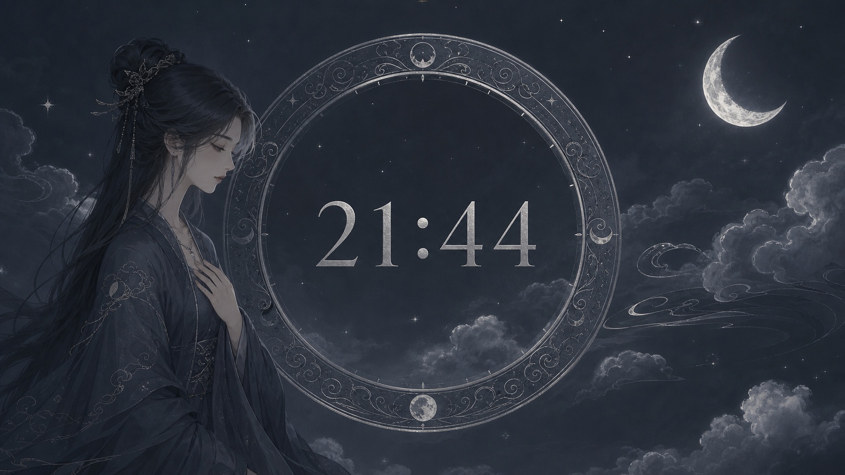femme asiatique devant un anneau gris ardoise profond et blanc lunaire avec 21:44 et un ciel de nuit installée, signification de l'heure 21:44