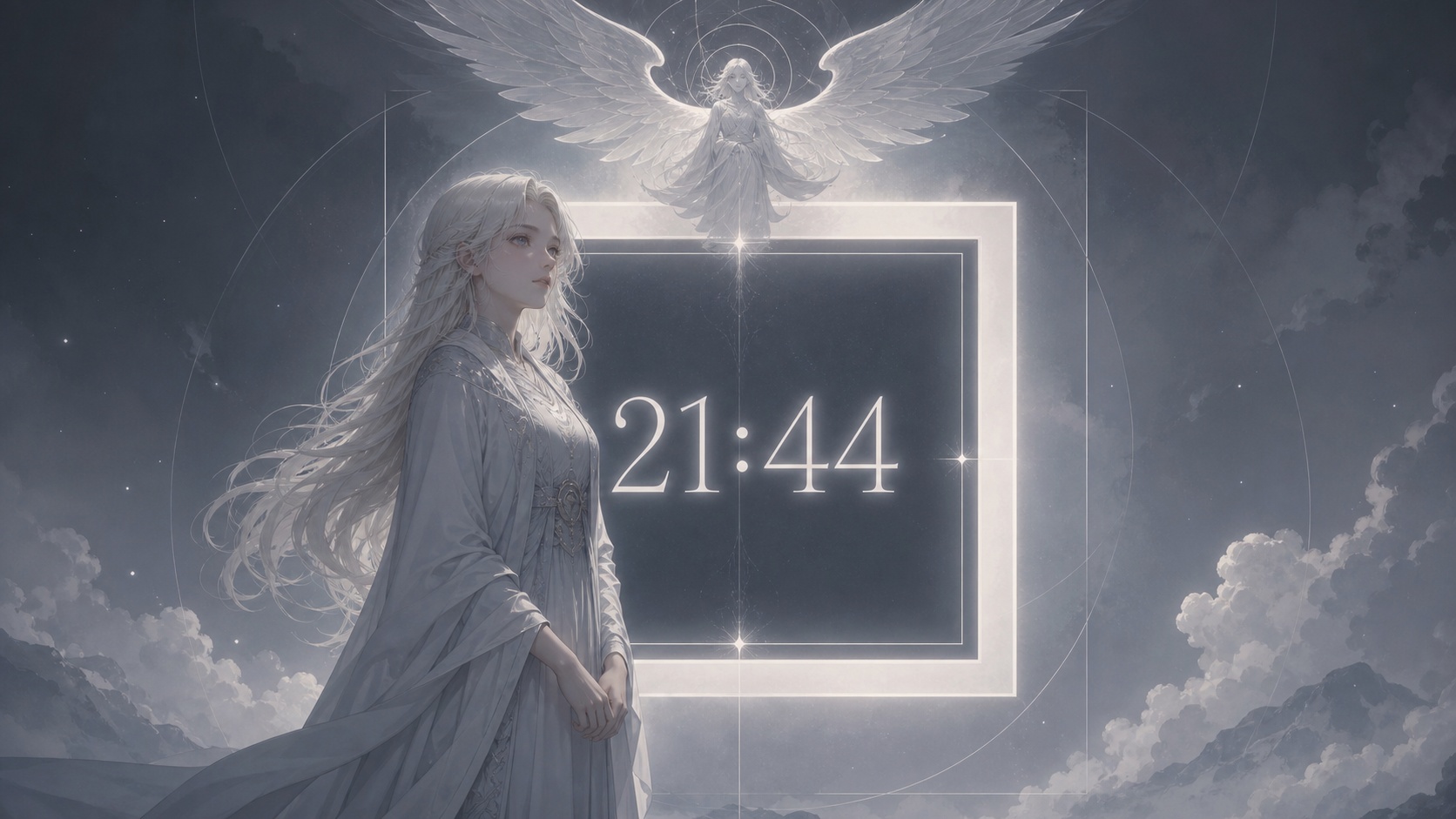 personnage nordique devant un carré géométrique doublement ancré gris ardoise profond et blanc lunaire avec Manakel, symbolique de l'heure 21:44