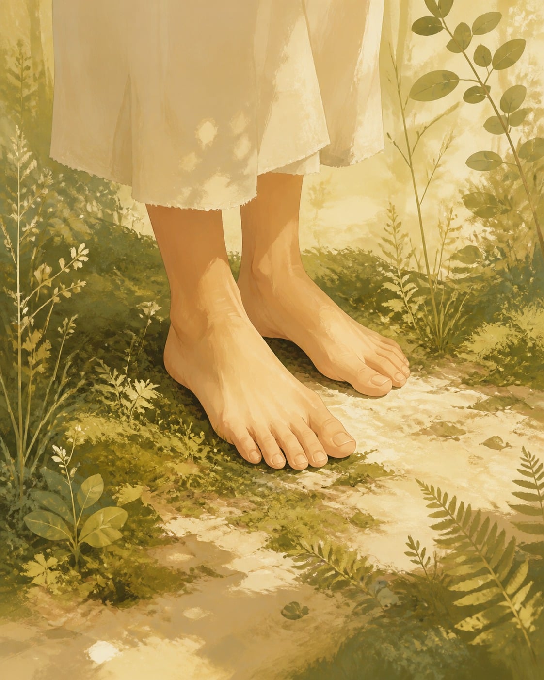 Pieds nus posés au sol, symbole d'ancrage et de présence au corps
