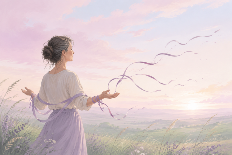 Femme ouvrant les bras face au soleil, des rubans mauves s’envolent dans le ciel