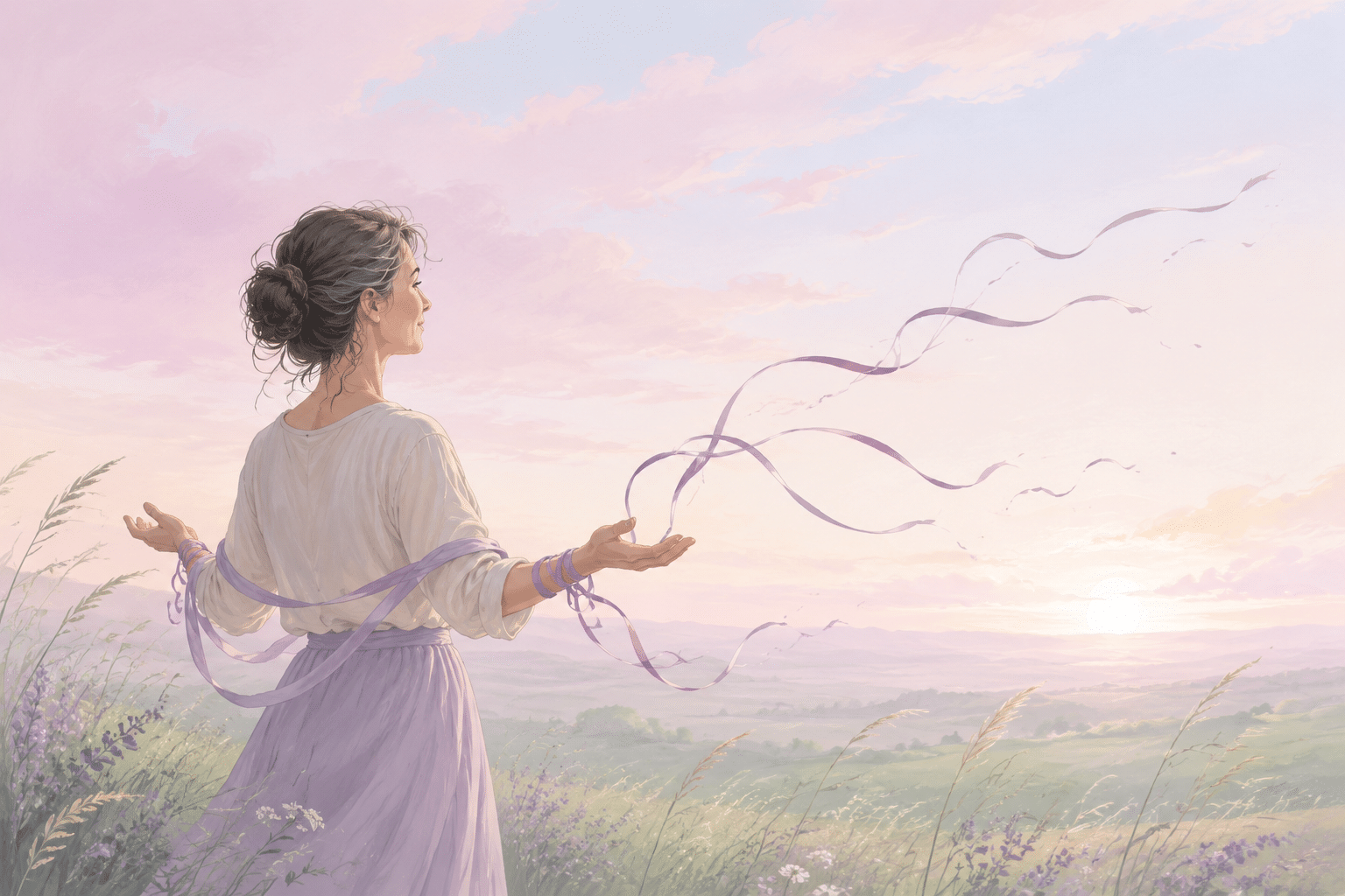 Femme ouvrant les bras face au soleil, des rubans mauves s’envolent dans le ciel